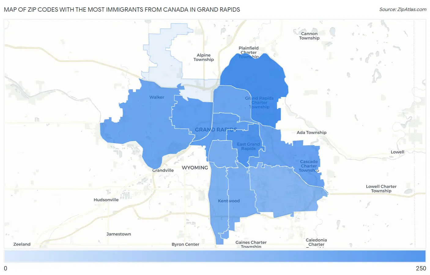 Zip Codes with the Most Immigrants from Canada in Grand Rapids Map