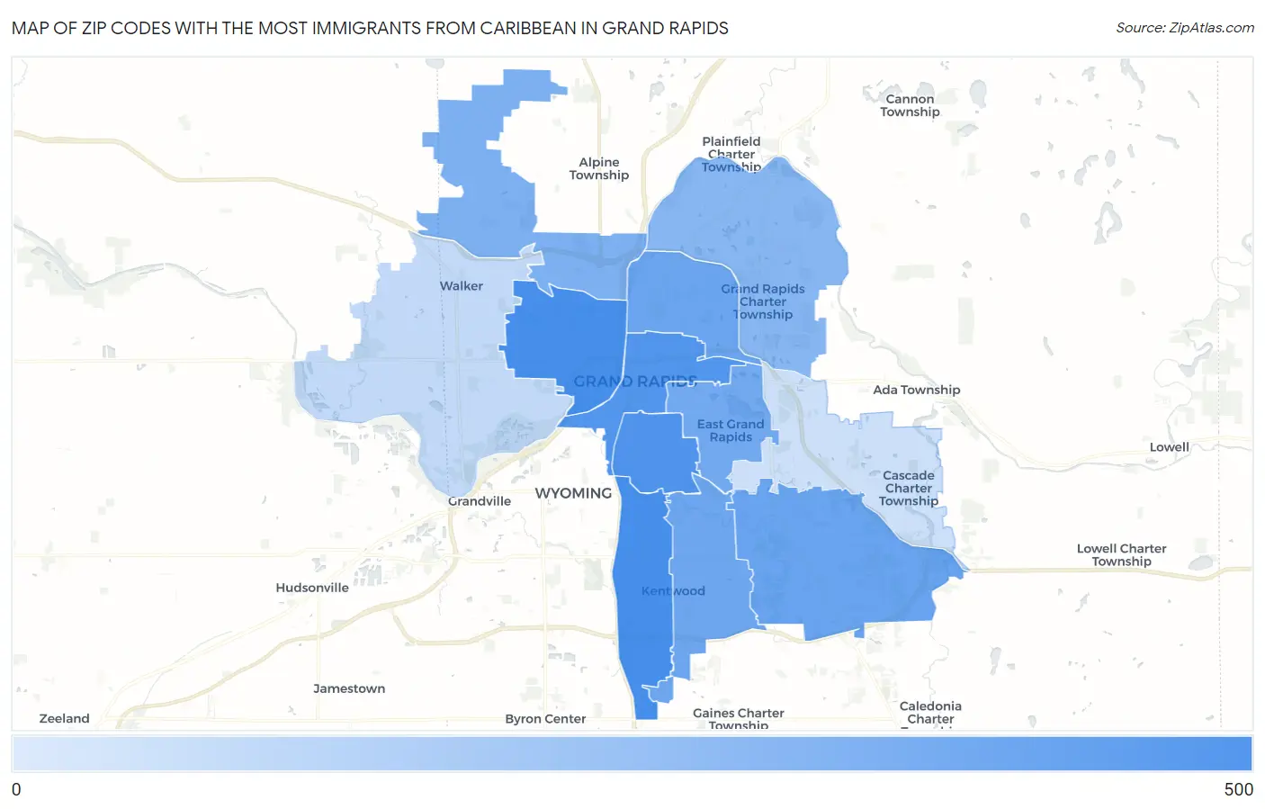 Zip Codes with the Most Immigrants from Caribbean in Grand Rapids Map