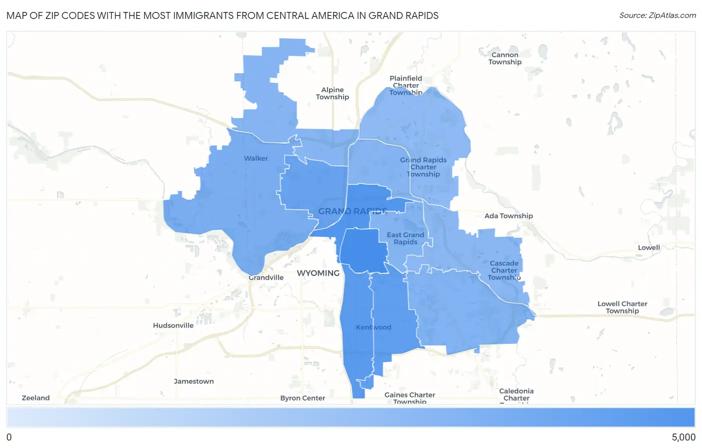 Zip Codes with the Most Immigrants from Central America in Grand Rapids Map
