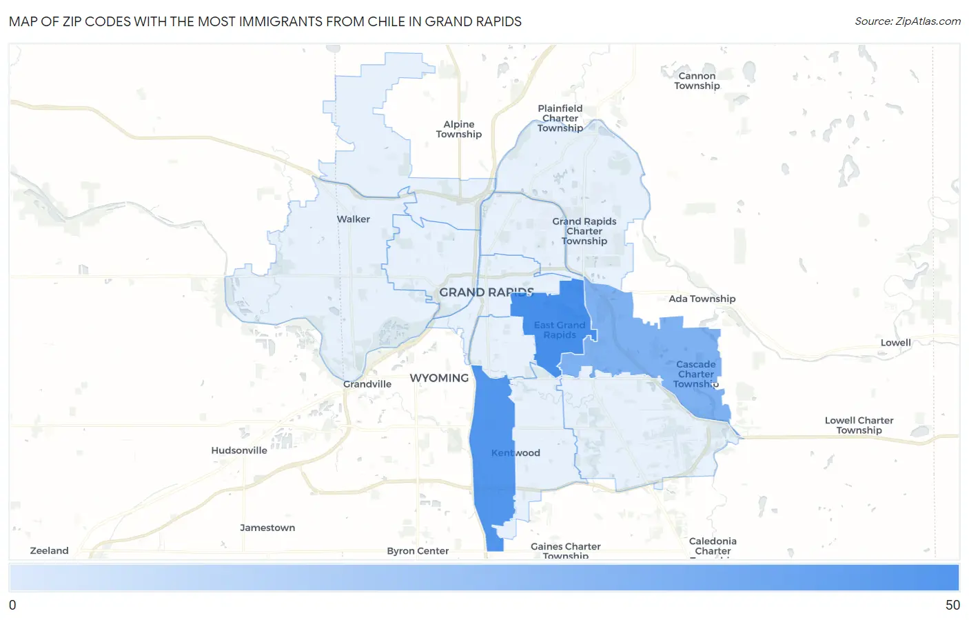 Zip Codes with the Most Immigrants from Chile in Grand Rapids Map