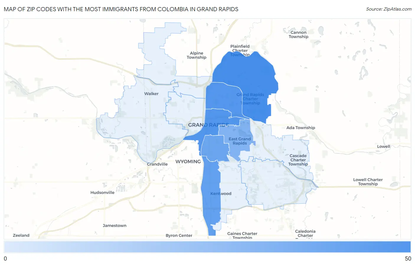 Zip Codes with the Most Immigrants from Colombia in Grand Rapids Map