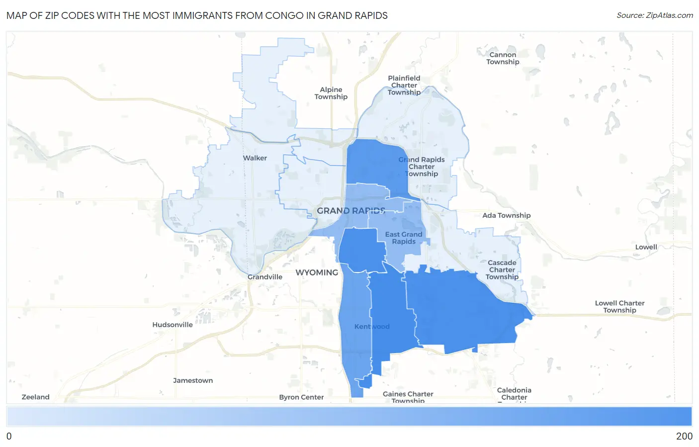 Zip Codes with the Most Immigrants from Congo in Grand Rapids Map