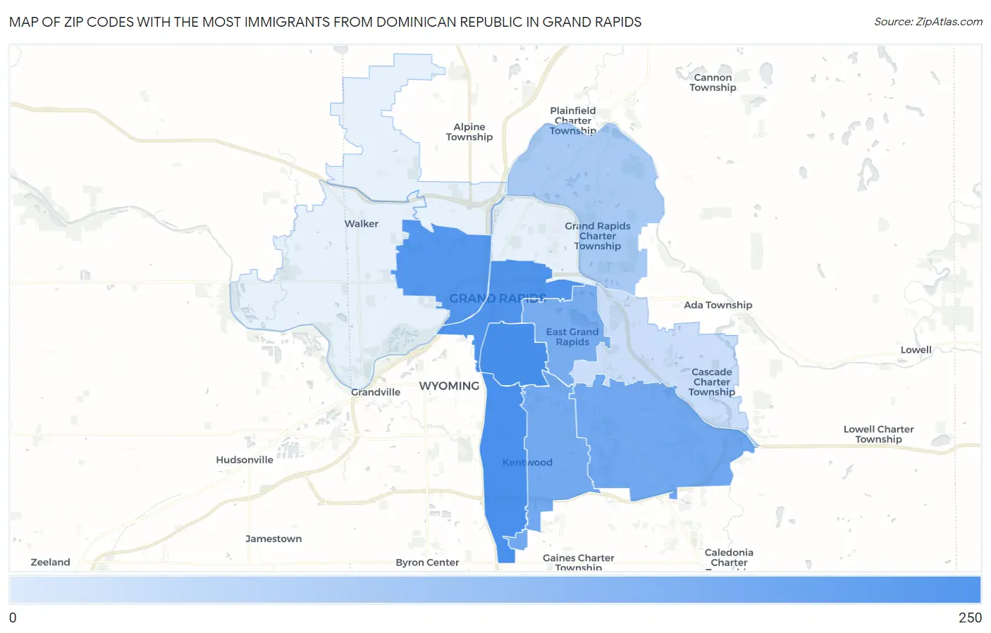Zip Codes with the Most Immigrants from Dominican Republic in Grand Rapids Map