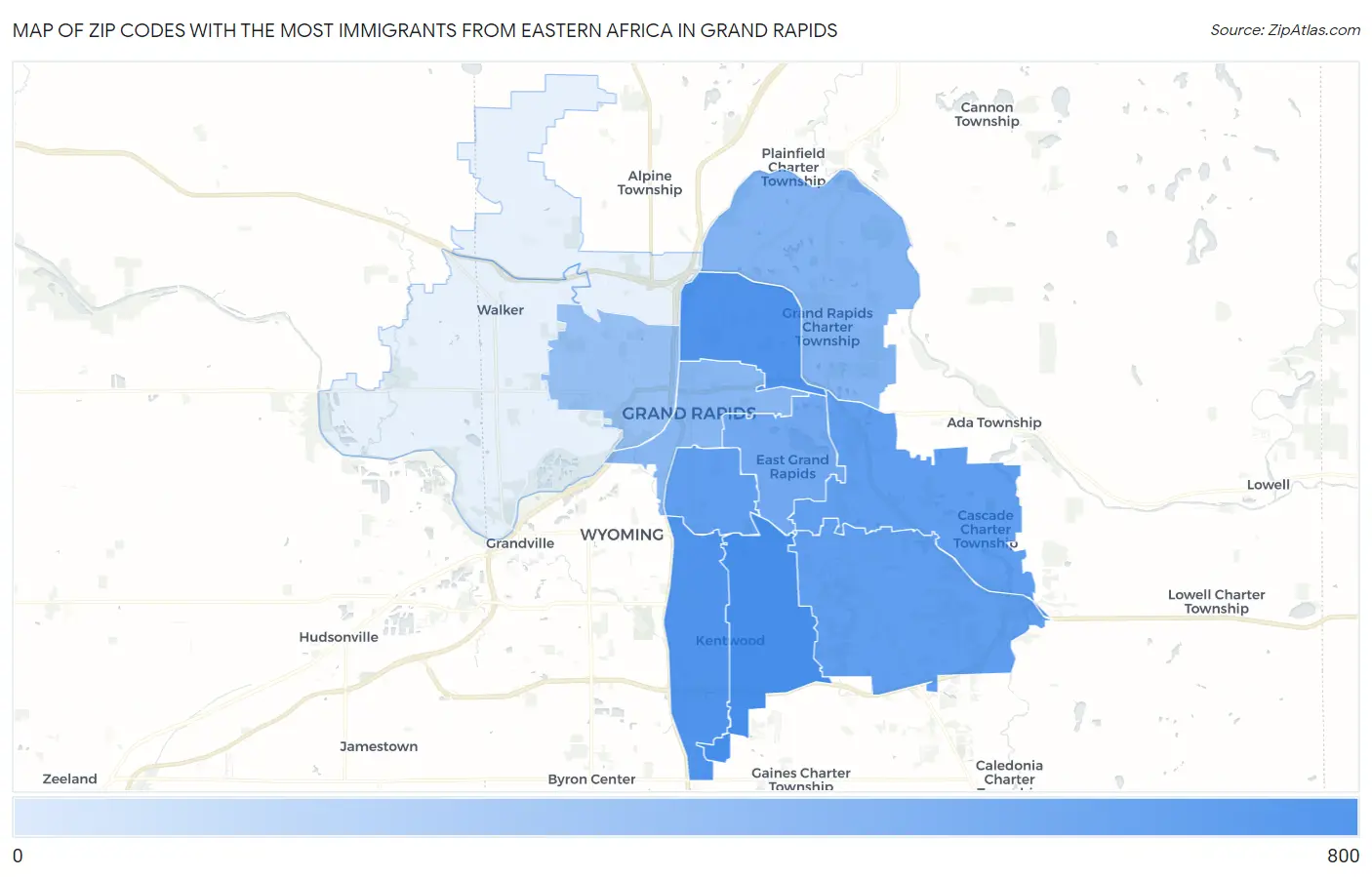 Zip Codes with the Most Immigrants from Eastern Africa in Grand Rapids Map