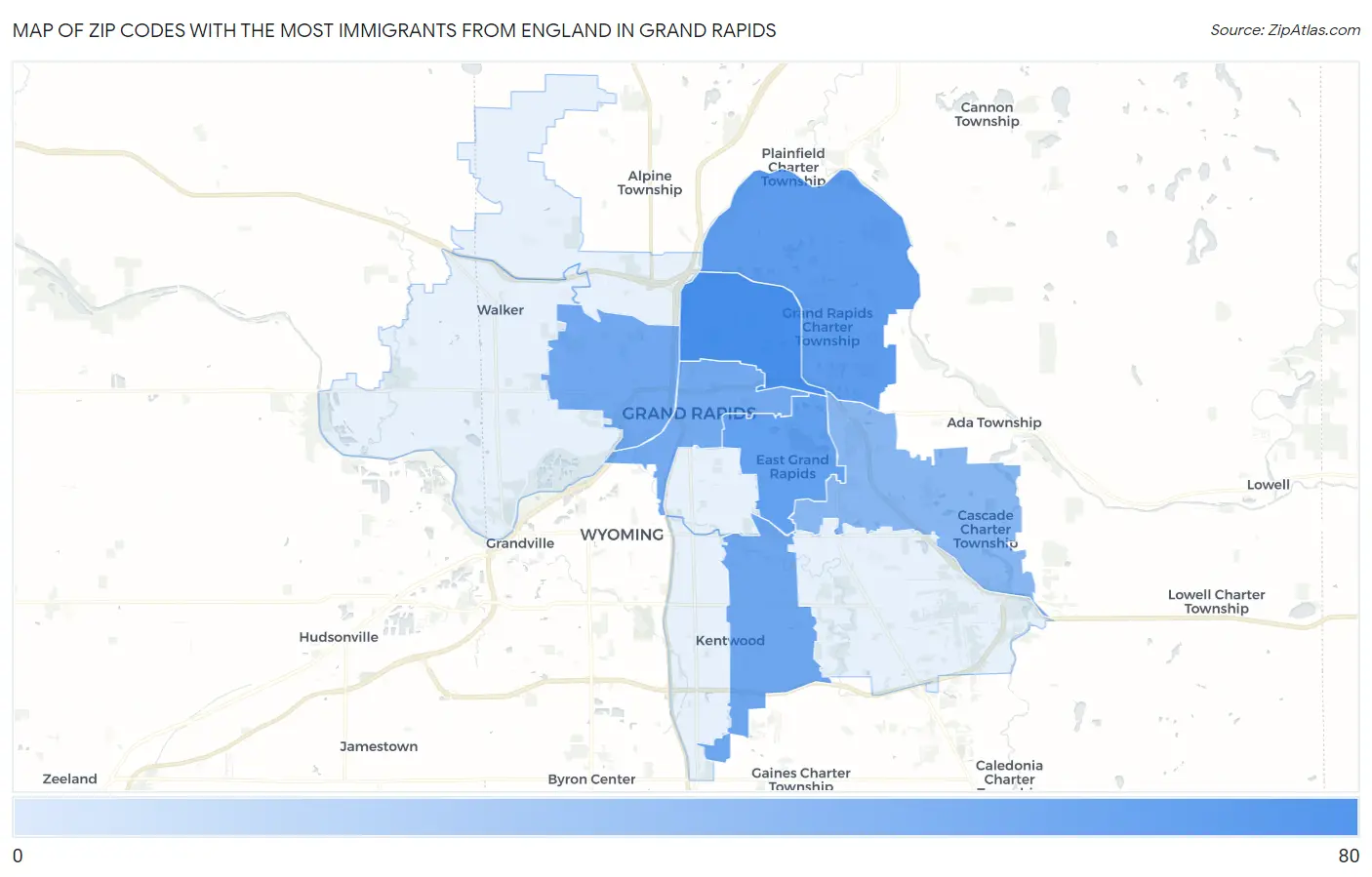 Zip Codes with the Most Immigrants from England in Grand Rapids Map