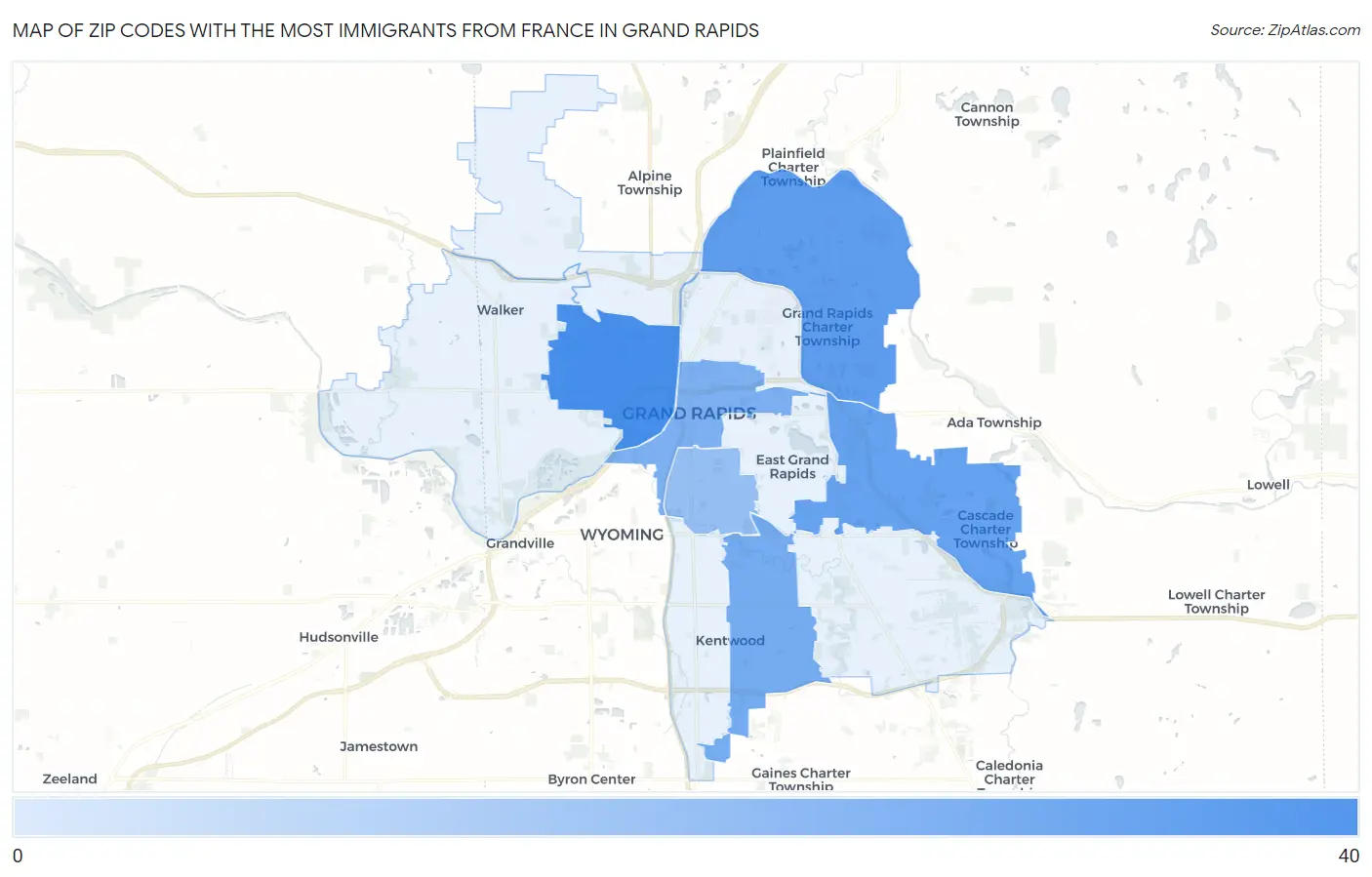 Zip Codes with the Most Immigrants from France in Grand Rapids Map