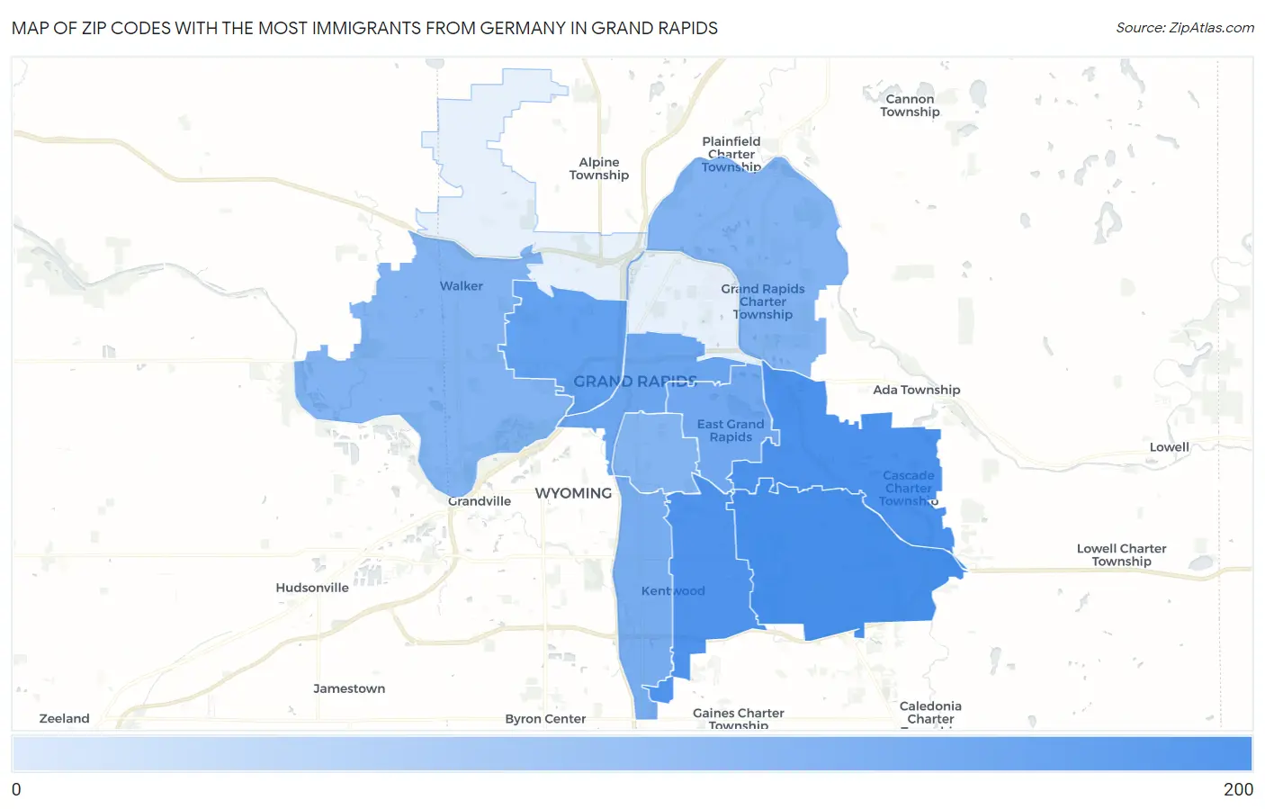 Zip Codes with the Most Immigrants from Germany in Grand Rapids Map