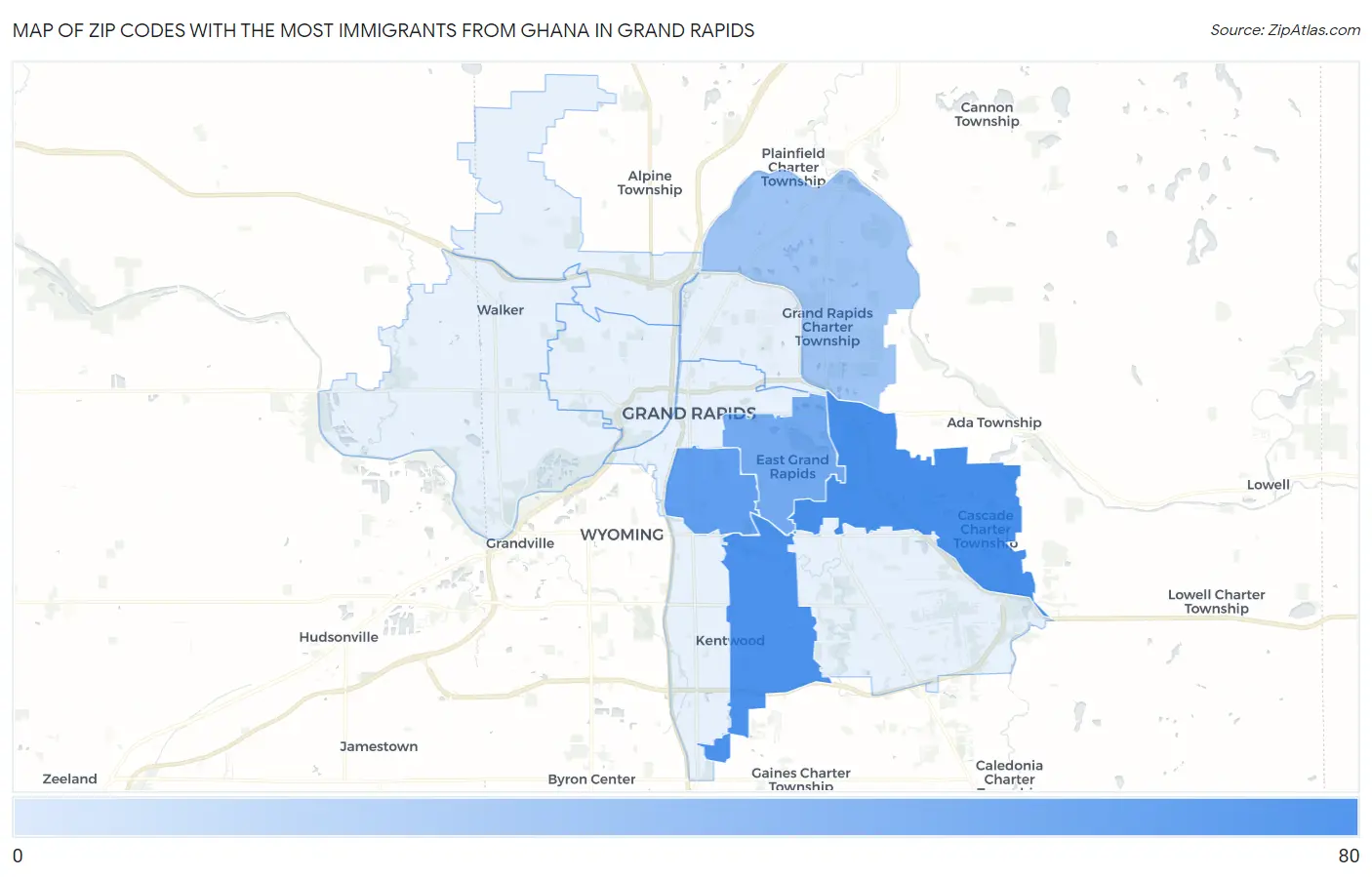 Zip Codes with the Most Immigrants from Ghana in Grand Rapids Map