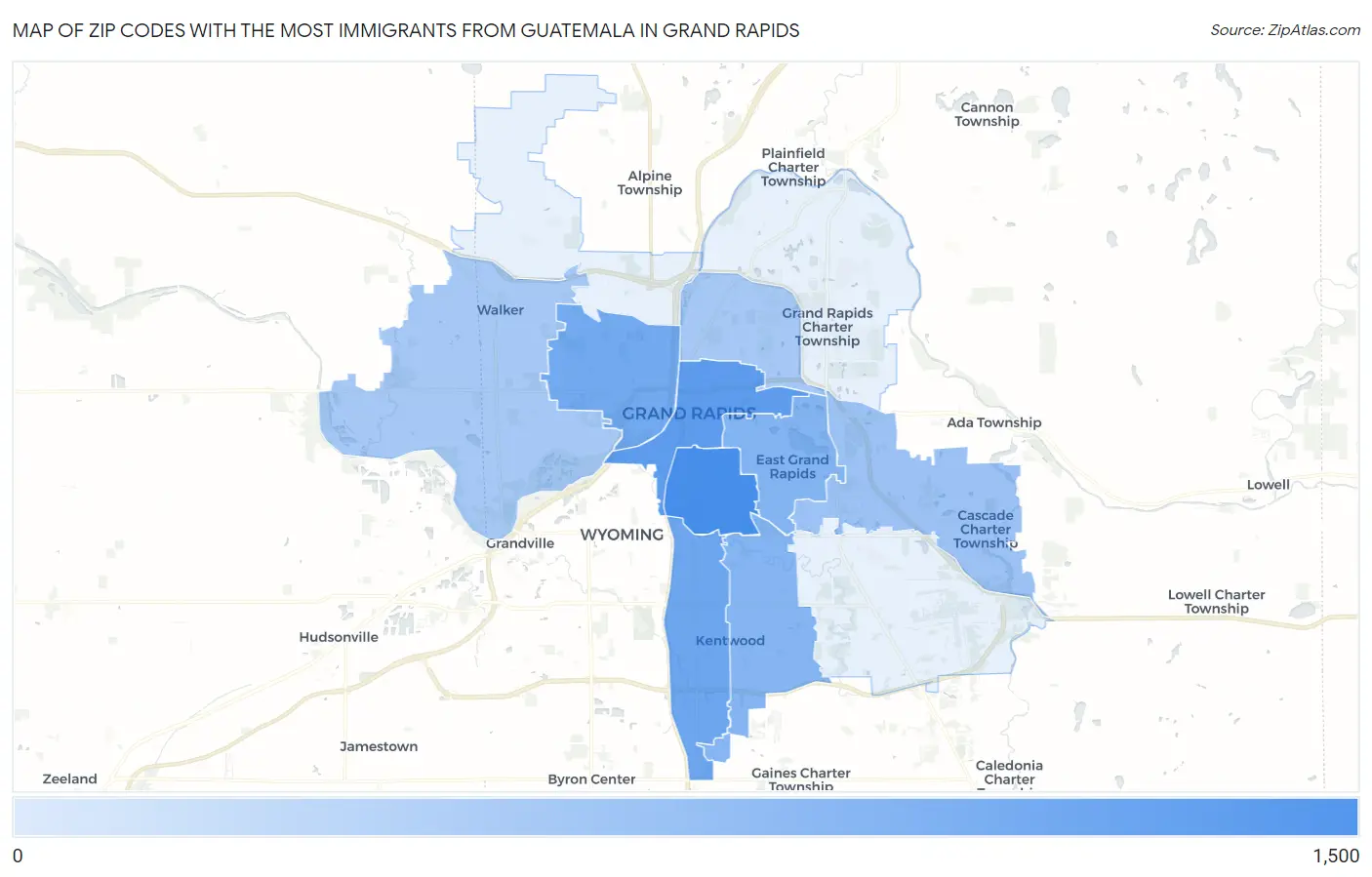 Zip Codes with the Most Immigrants from Guatemala in Grand Rapids Map