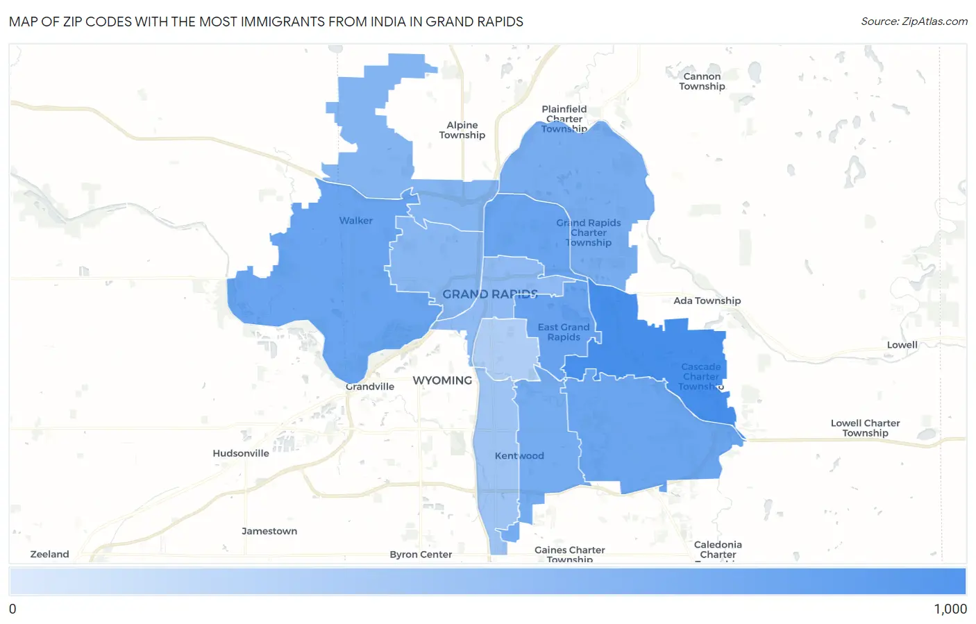 Zip Codes with the Most Immigrants from India in Grand Rapids Map