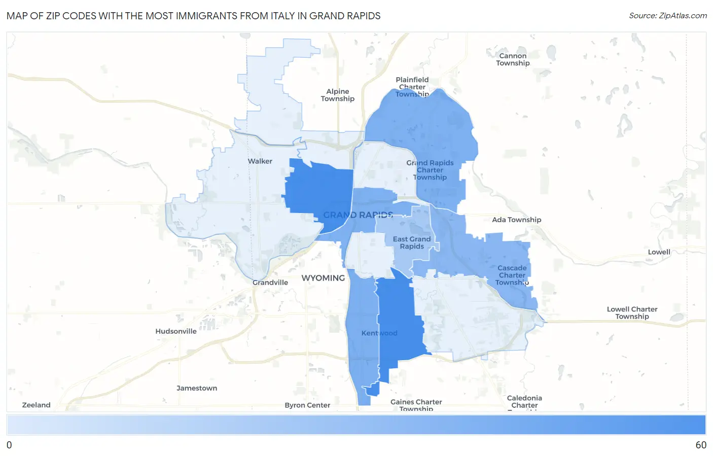 Zip Codes with the Most Immigrants from Italy in Grand Rapids Map