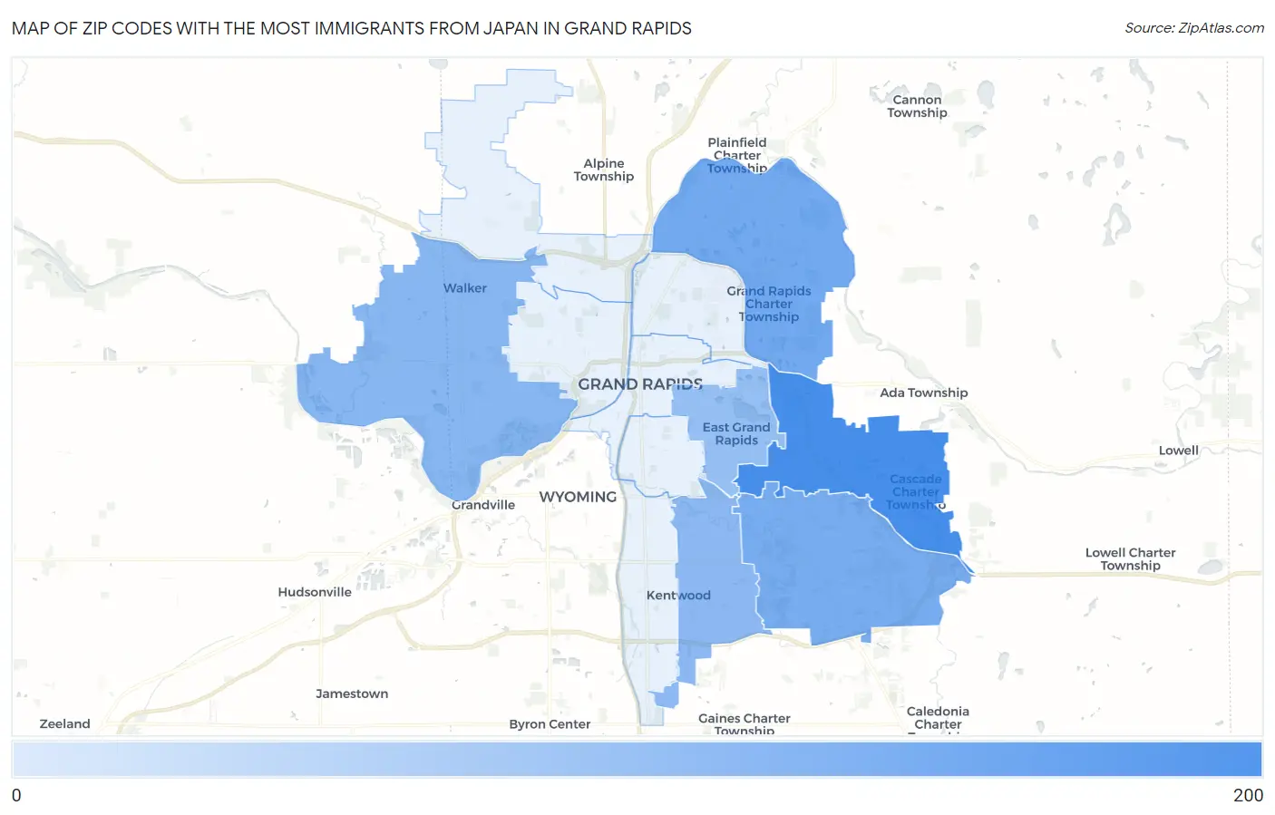 Zip Codes with the Most Immigrants from Japan in Grand Rapids Map