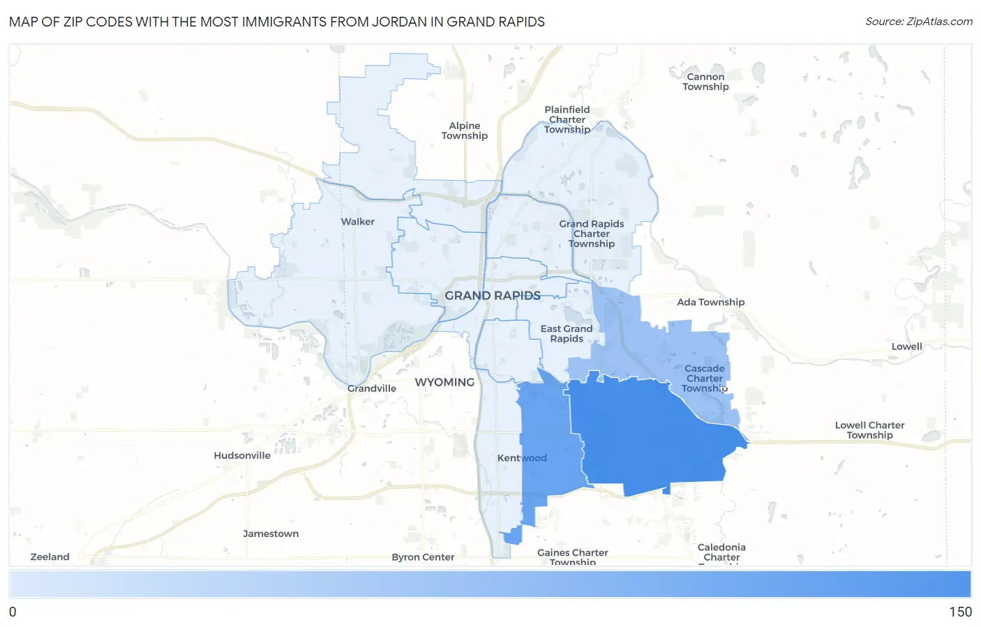 Zip Codes with the Most Immigrants from Jordan in Grand Rapids Map