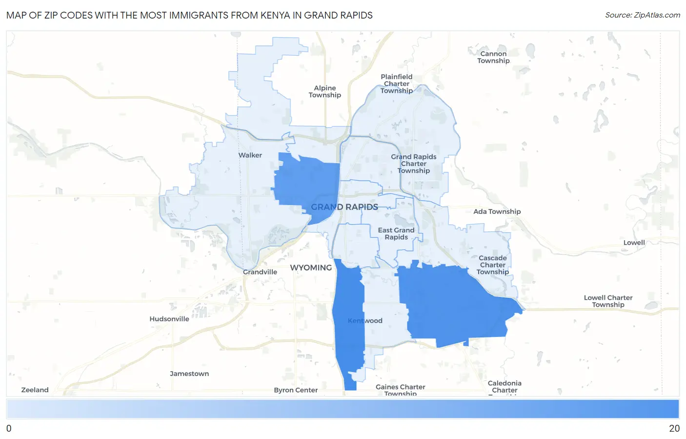 Zip Codes with the Most Immigrants from Kenya in Grand Rapids Map