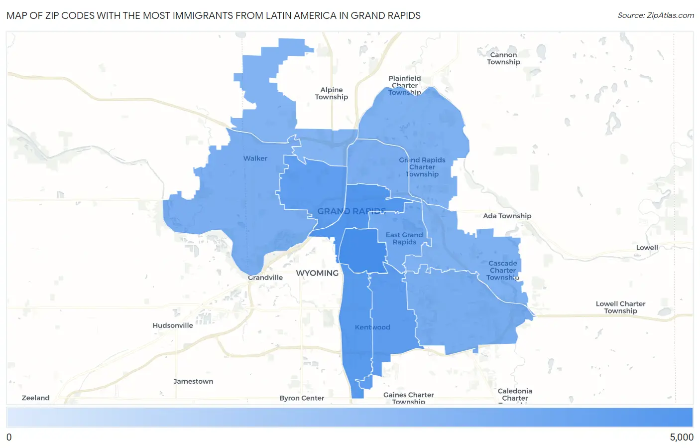 Zip Codes with the Most Immigrants from Latin America in Grand Rapids Map