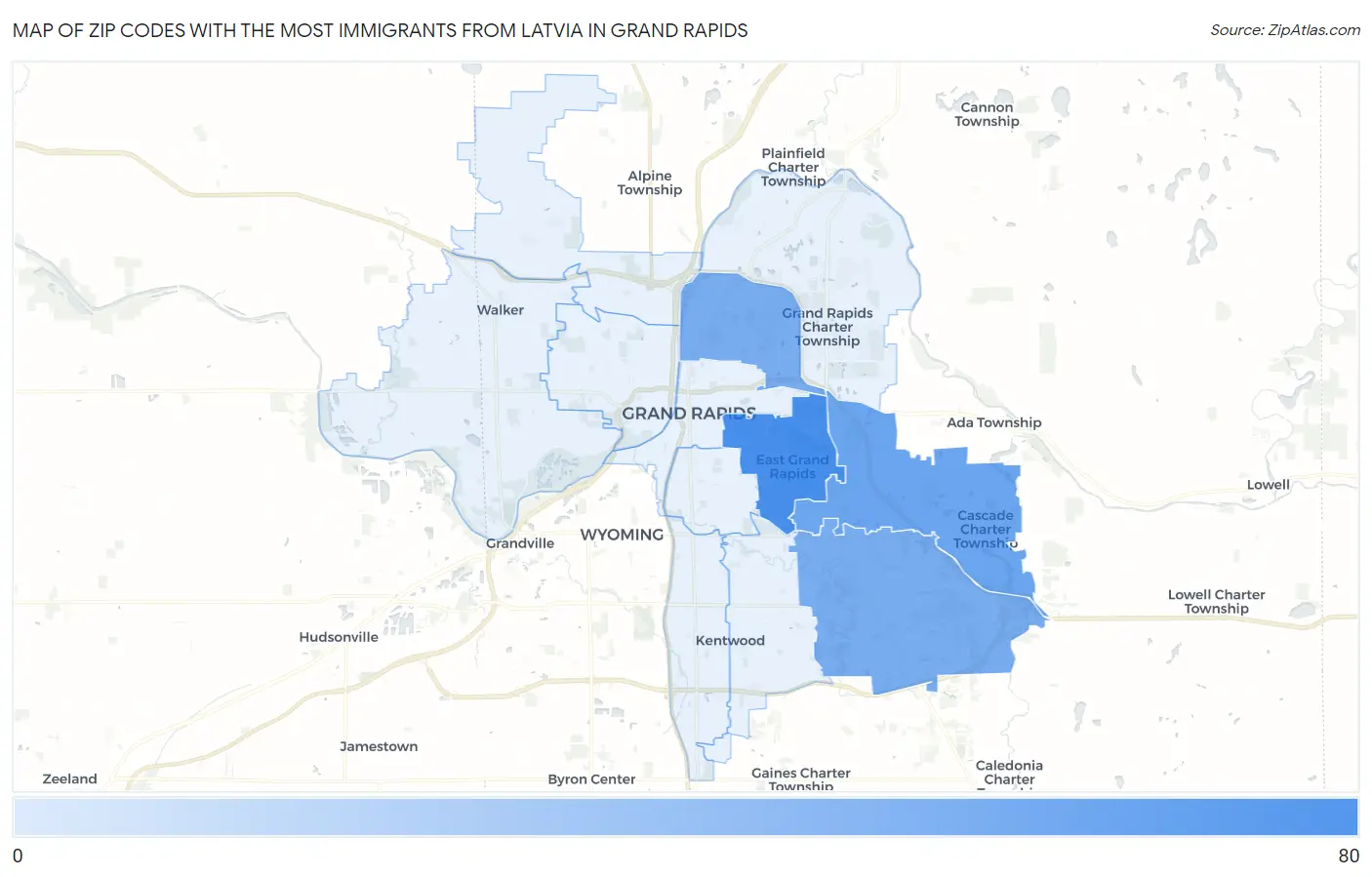 Zip Codes with the Most Immigrants from Latvia in Grand Rapids Map