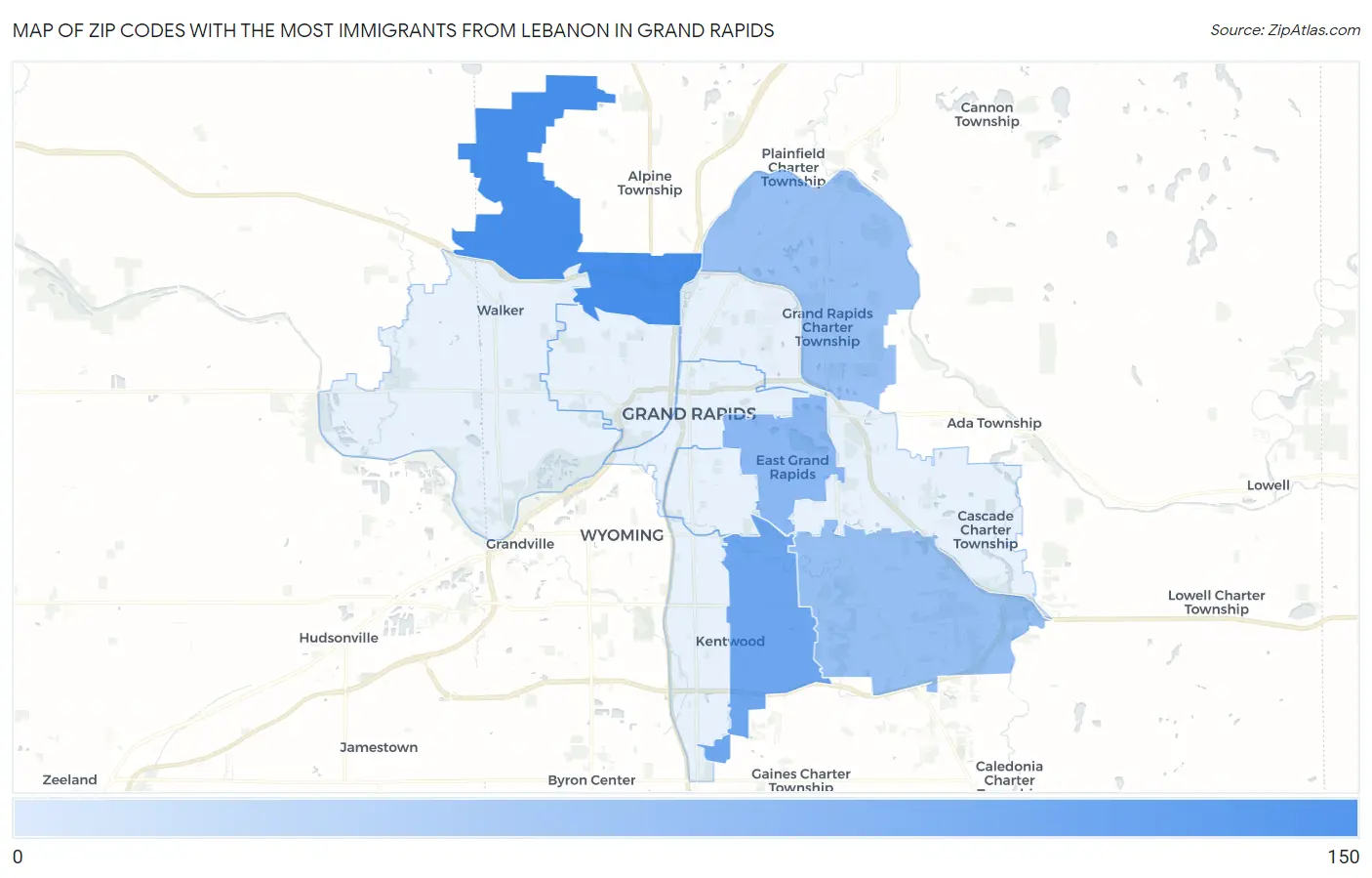 Zip Codes with the Most Immigrants from Lebanon in Grand Rapids Map