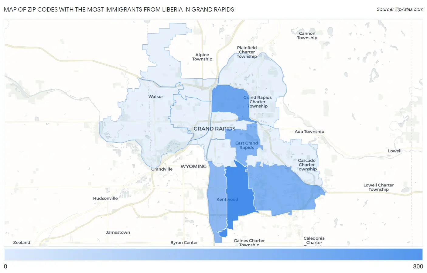 Zip Codes with the Most Immigrants from Liberia in Grand Rapids Map