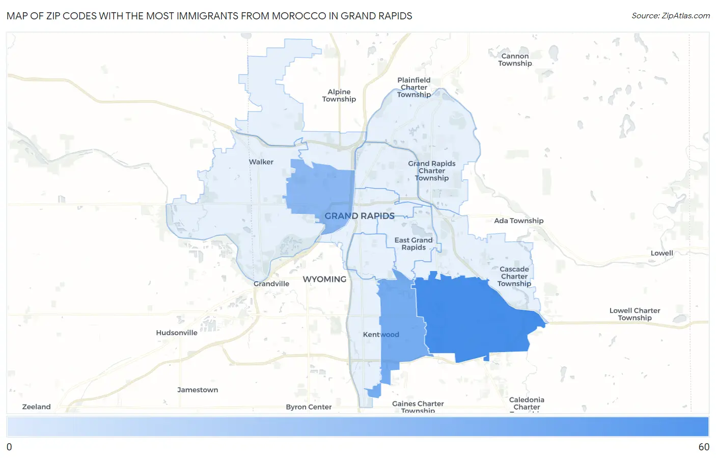 Zip Codes with the Most Immigrants from Morocco in Grand Rapids Map