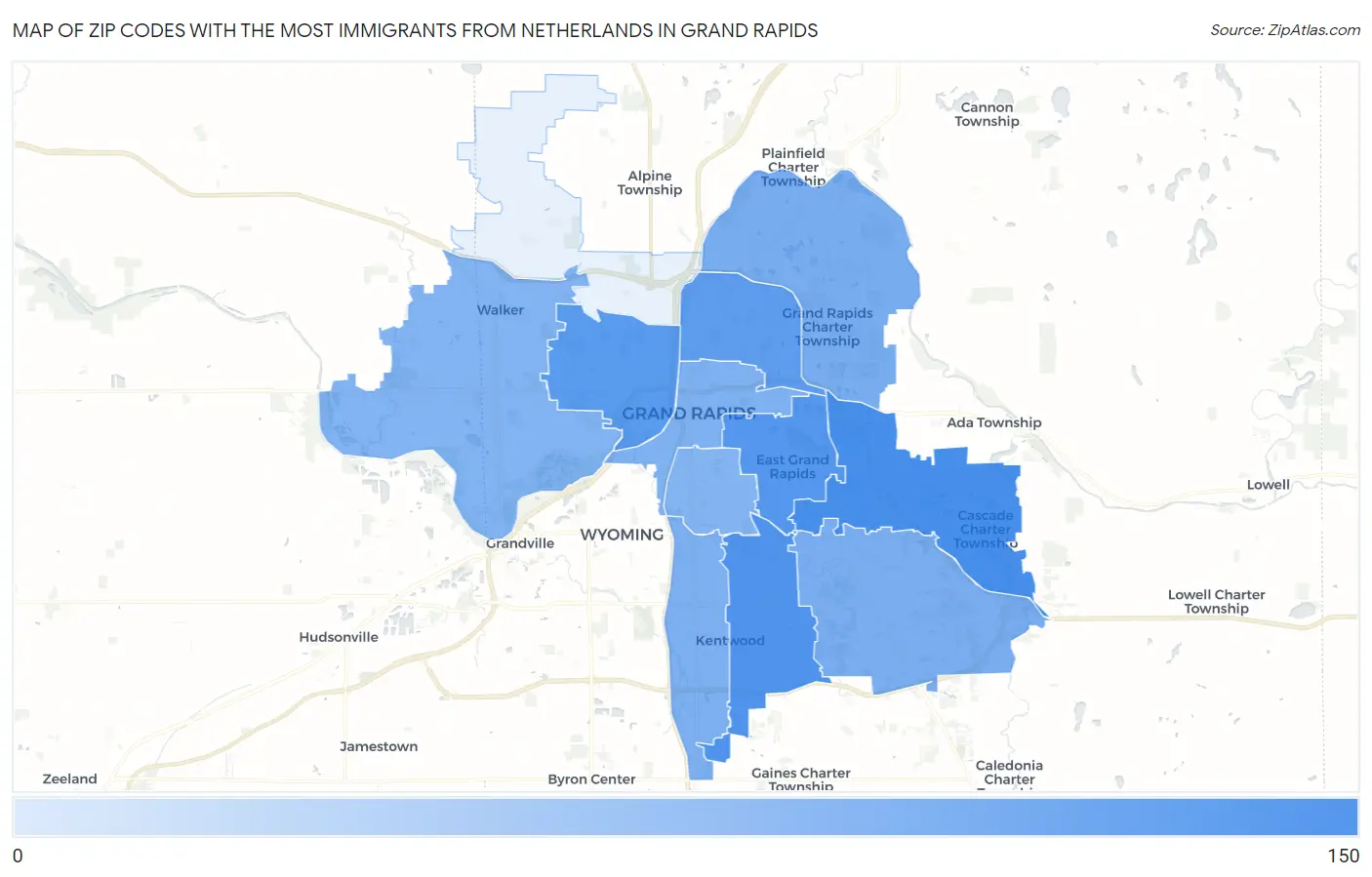 Zip Codes with the Most Immigrants from Netherlands in Grand Rapids Map