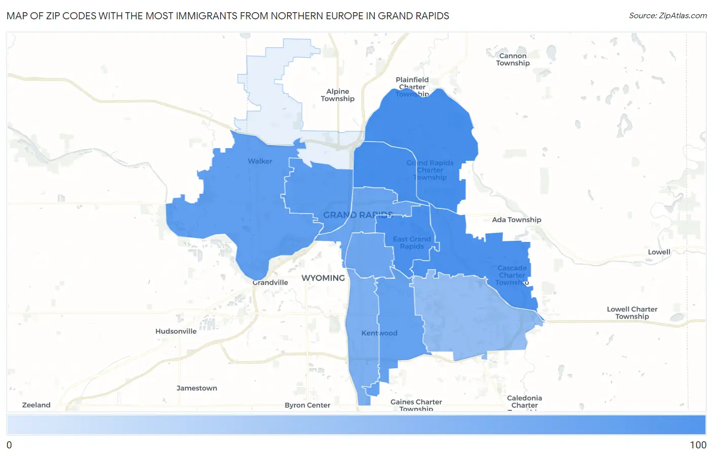 Zip Codes with the Most Immigrants from Northern Europe in Grand Rapids Map