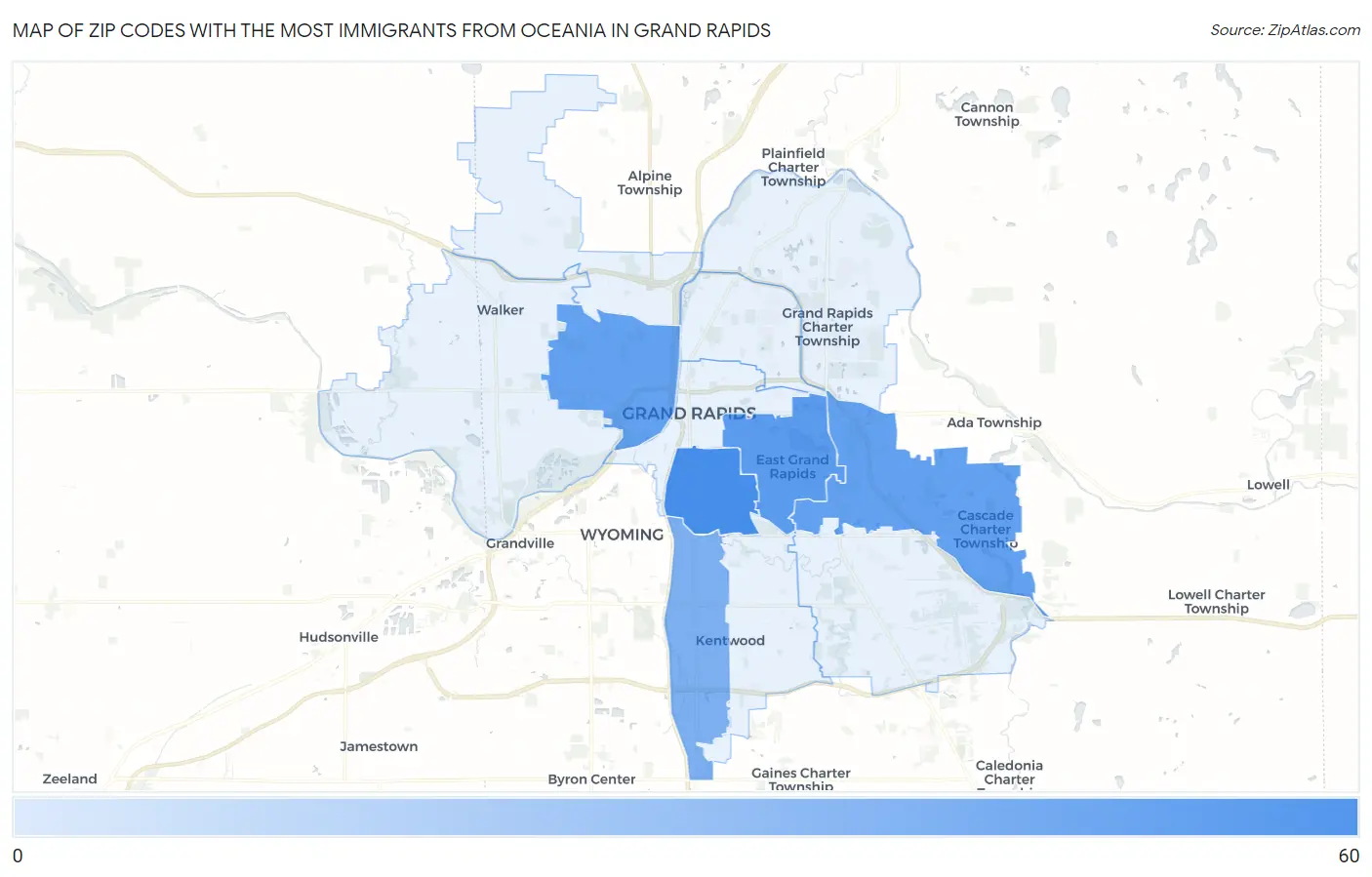 Zip Codes with the Most Immigrants from Oceania in Grand Rapids Map