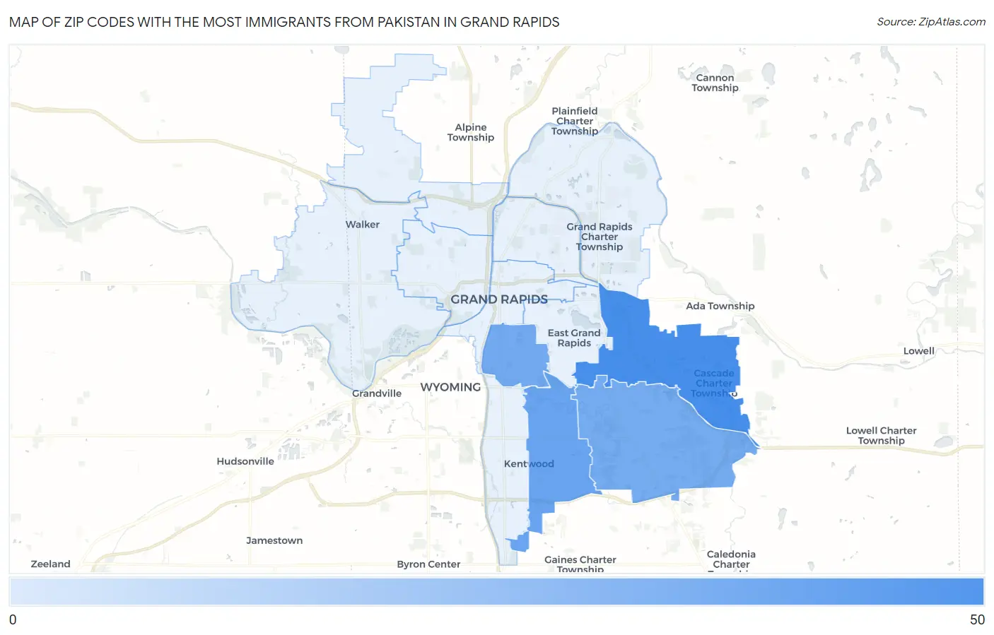 Zip Codes with the Most Immigrants from Pakistan in Grand Rapids Map