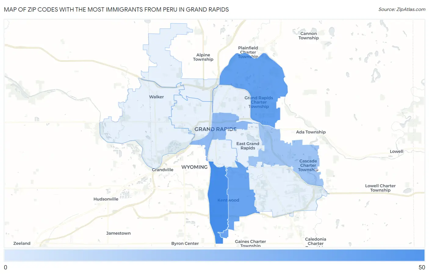 Zip Codes with the Most Immigrants from Peru in Grand Rapids Map