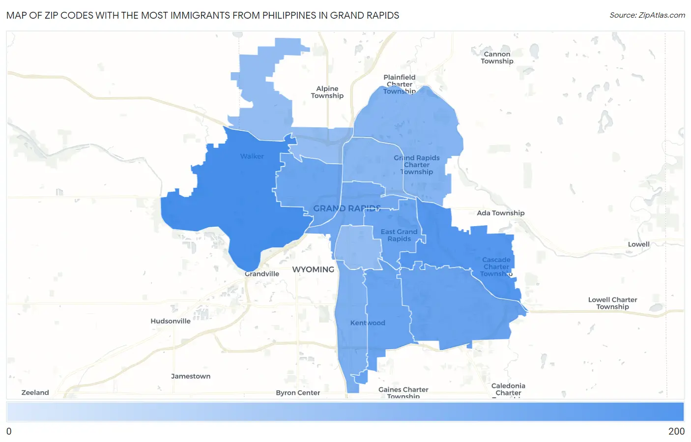Zip Codes with the Most Immigrants from Philippines in Grand Rapids Map