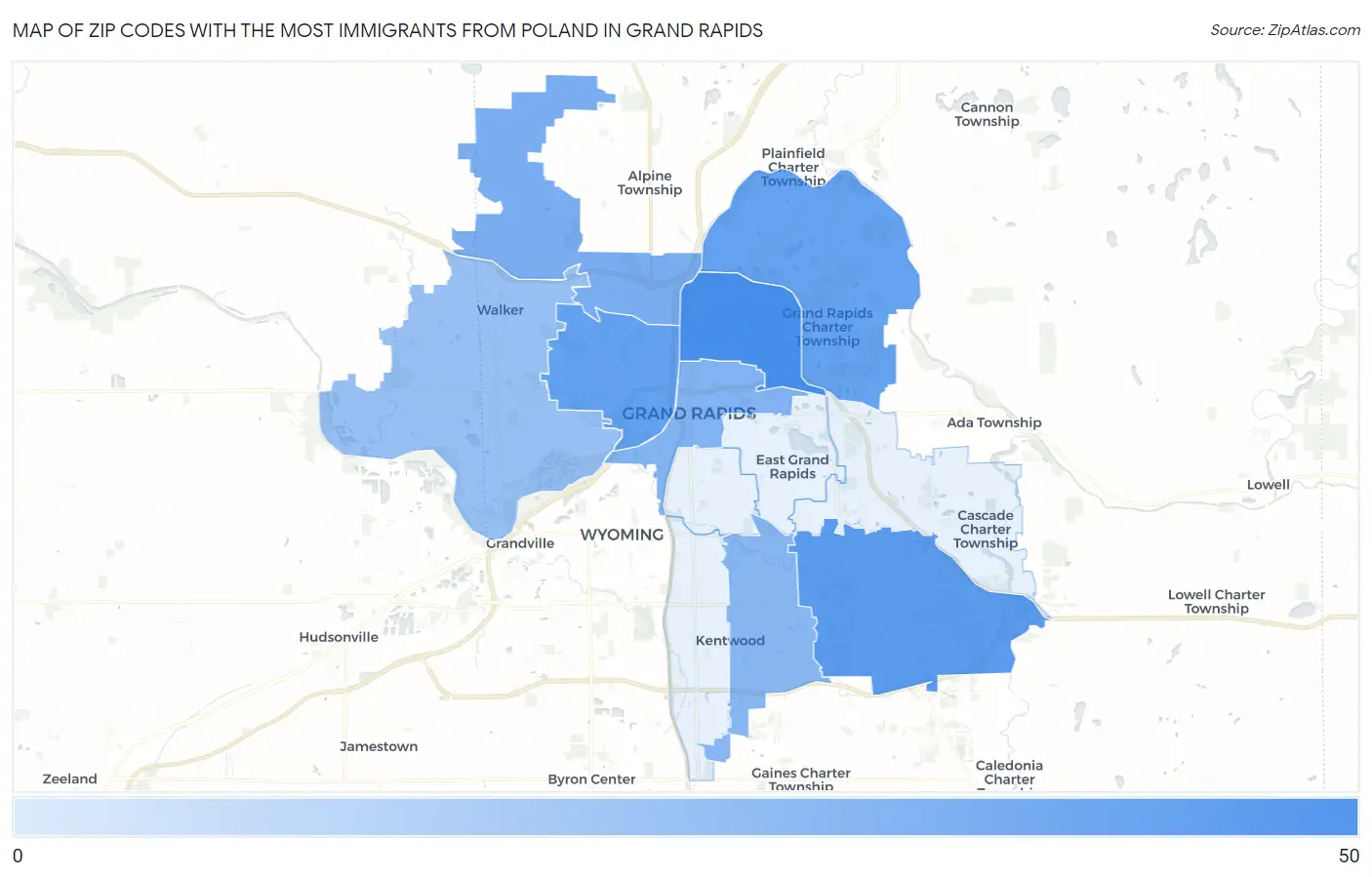 Zip Codes with the Most Immigrants from Poland in Grand Rapids Map