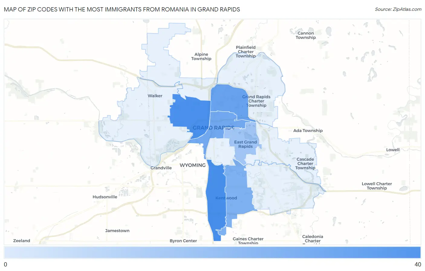 Zip Codes with the Most Immigrants from Romania in Grand Rapids Map