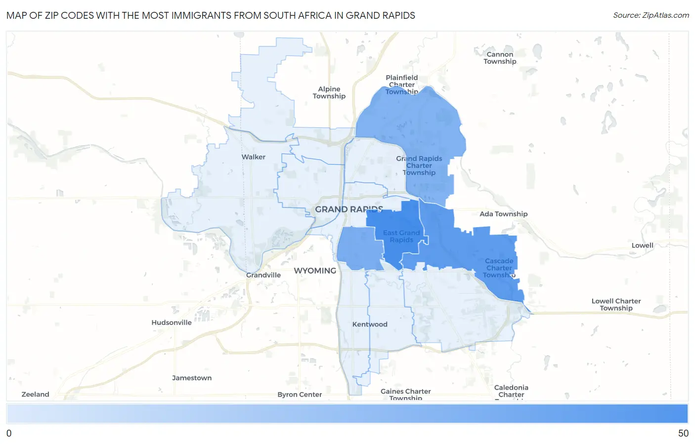Zip Codes with the Most Immigrants from South Africa in Grand Rapids Map