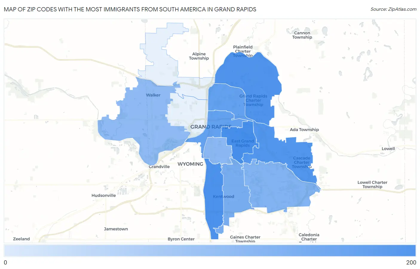 Zip Codes with the Most Immigrants from South America in Grand Rapids Map