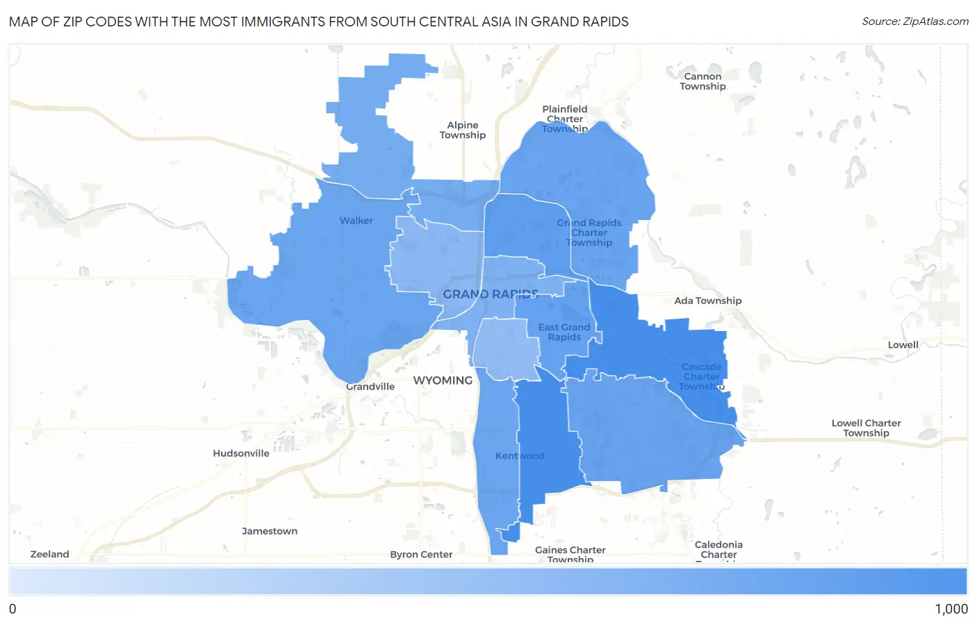Zip Codes with the Most Immigrants from South Central Asia in Grand Rapids Map