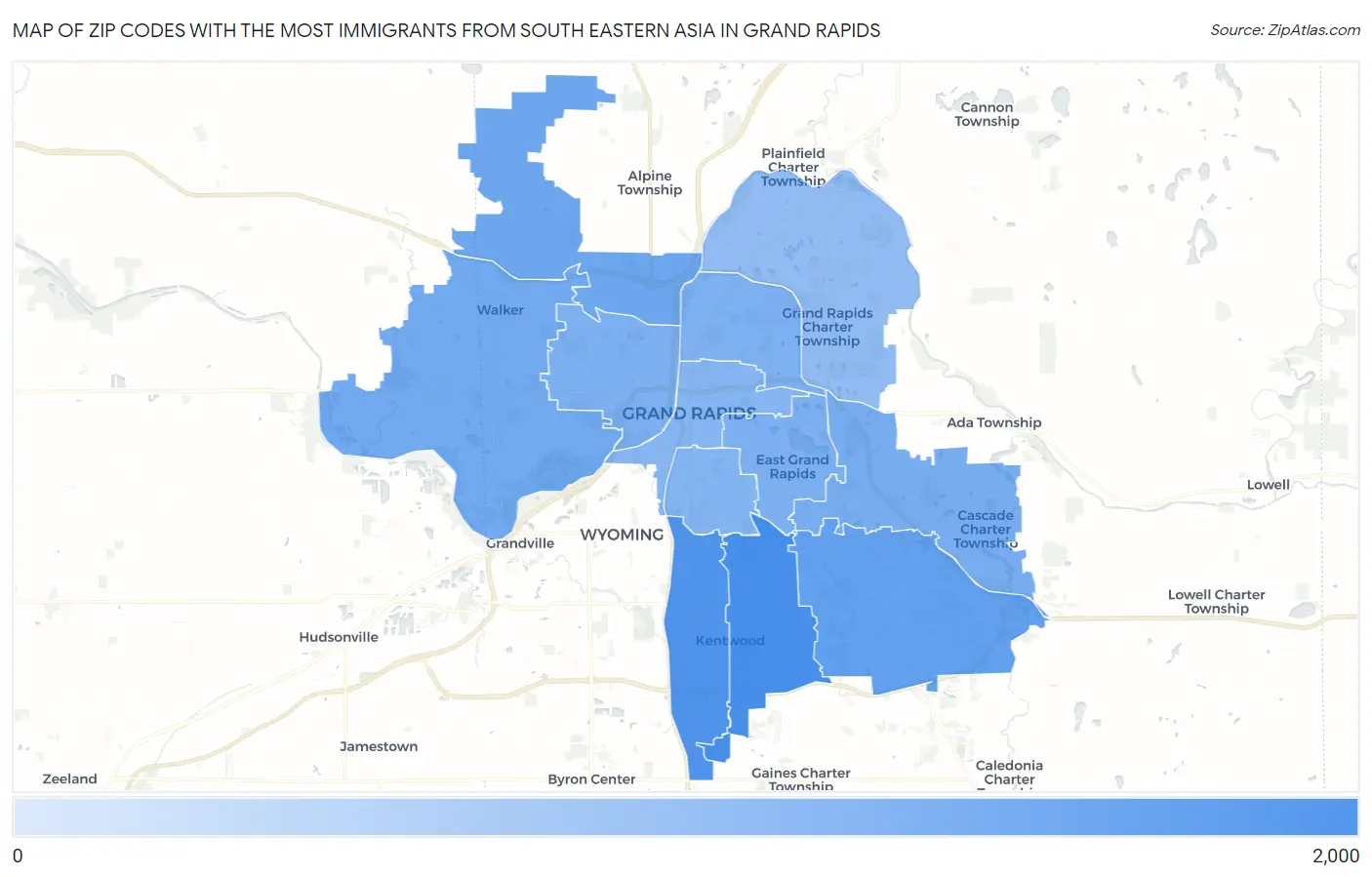 Zip Codes with the Most Immigrants from South Eastern Asia in Grand Rapids Map