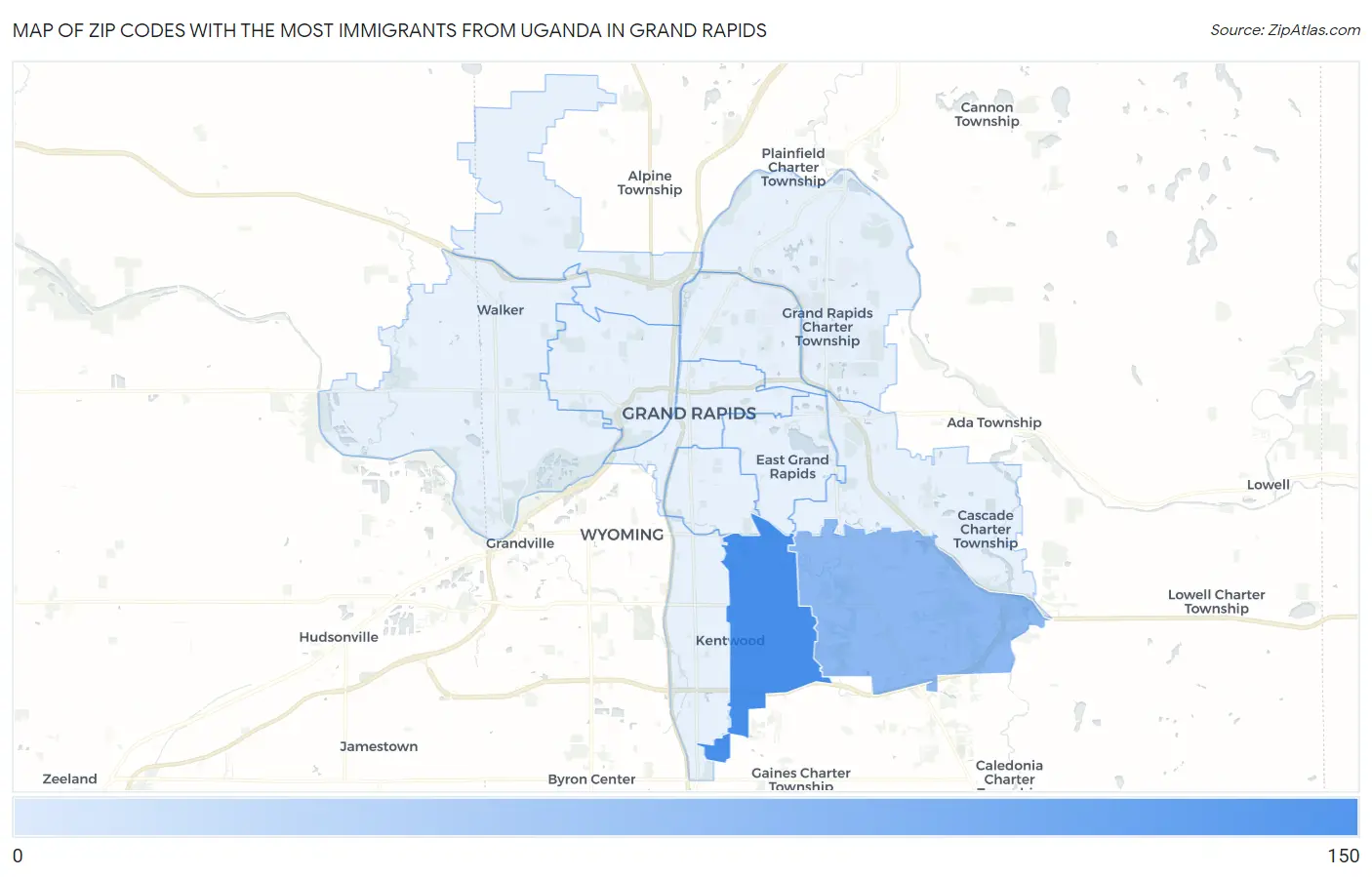 Zip Codes with the Most Immigrants from Uganda in Grand Rapids Map