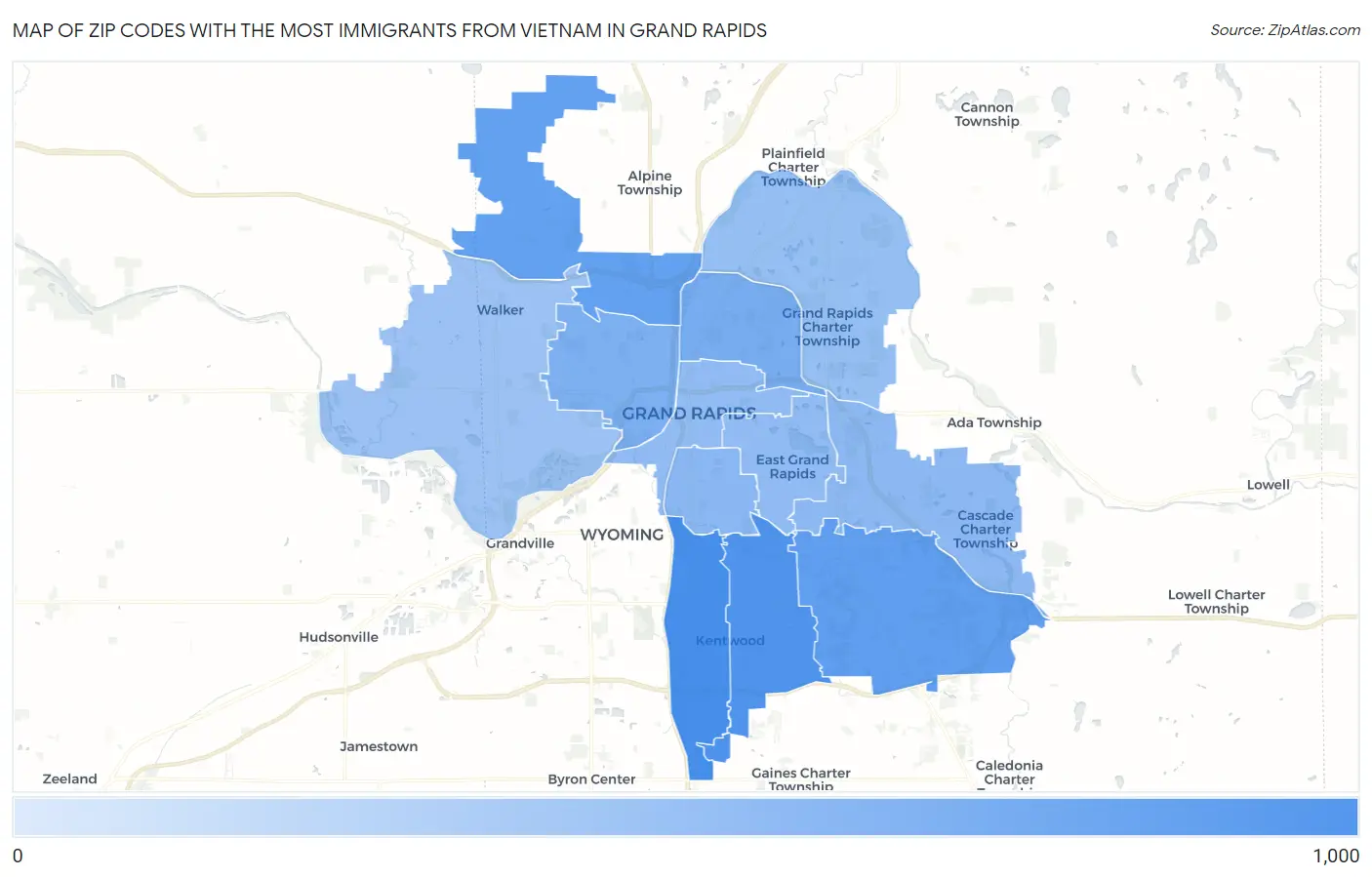 Zip Codes with the Most Immigrants from Vietnam in Grand Rapids Map