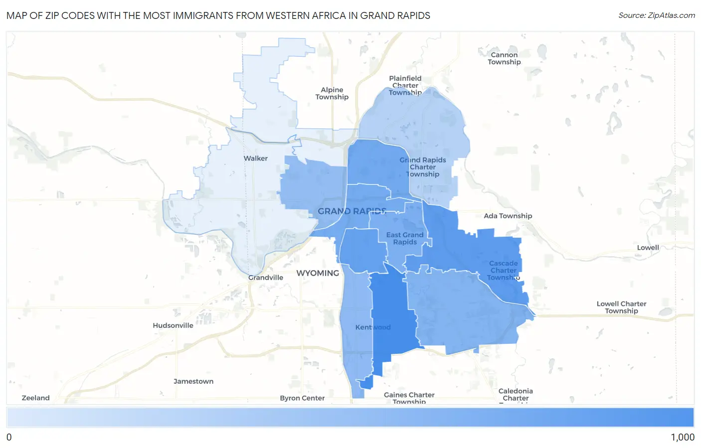 Zip Codes with the Most Immigrants from Western Africa in Grand Rapids Map