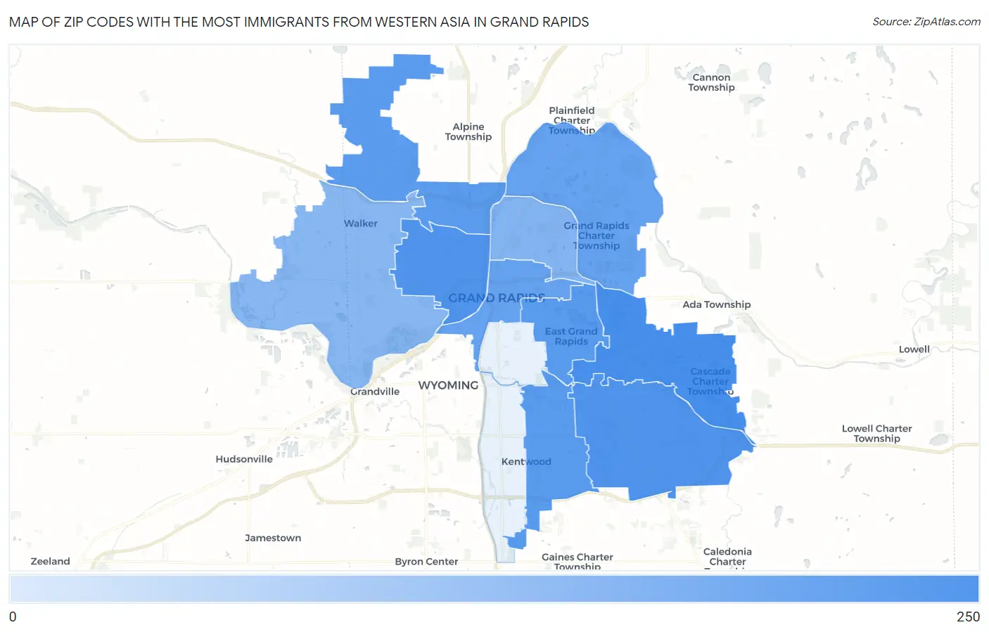 Zip Codes with the Most Immigrants from Western Asia in Grand Rapids Map