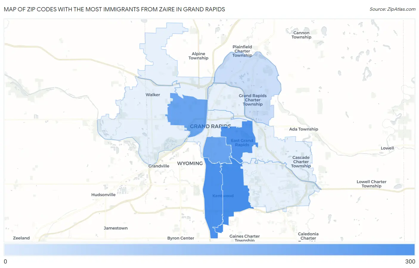 Zip Codes with the Most Immigrants from Zaire in Grand Rapids Map