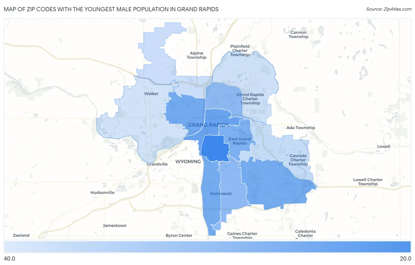 Zip Codes with the Youngest Male Population in Grand Rapids Map