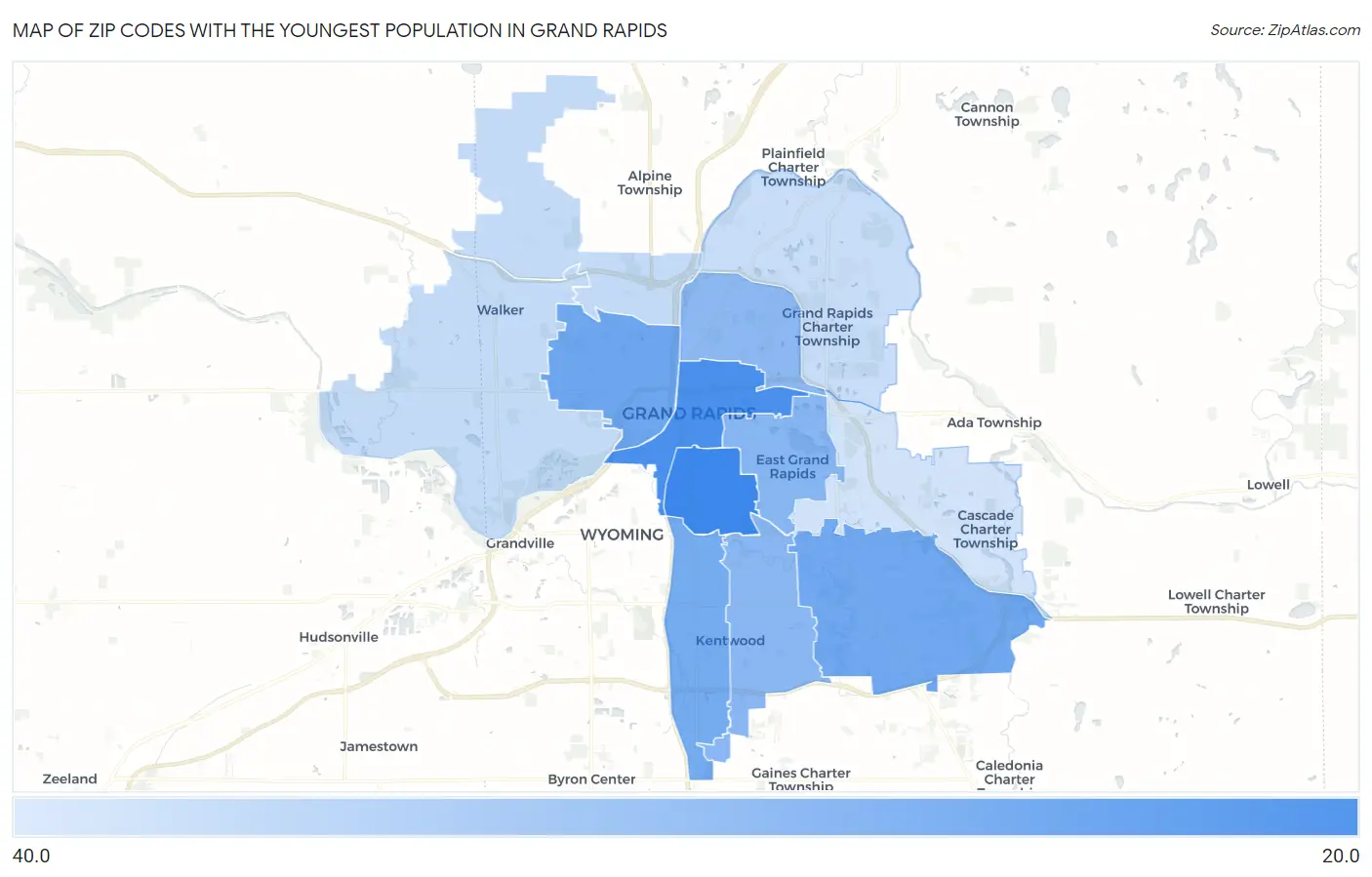 Zip Codes with the Youngest Population in Grand Rapids Map
