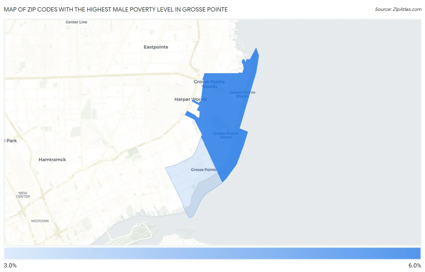 Zip Codes with the Highest Male Poverty Level in Grosse Pointe Map