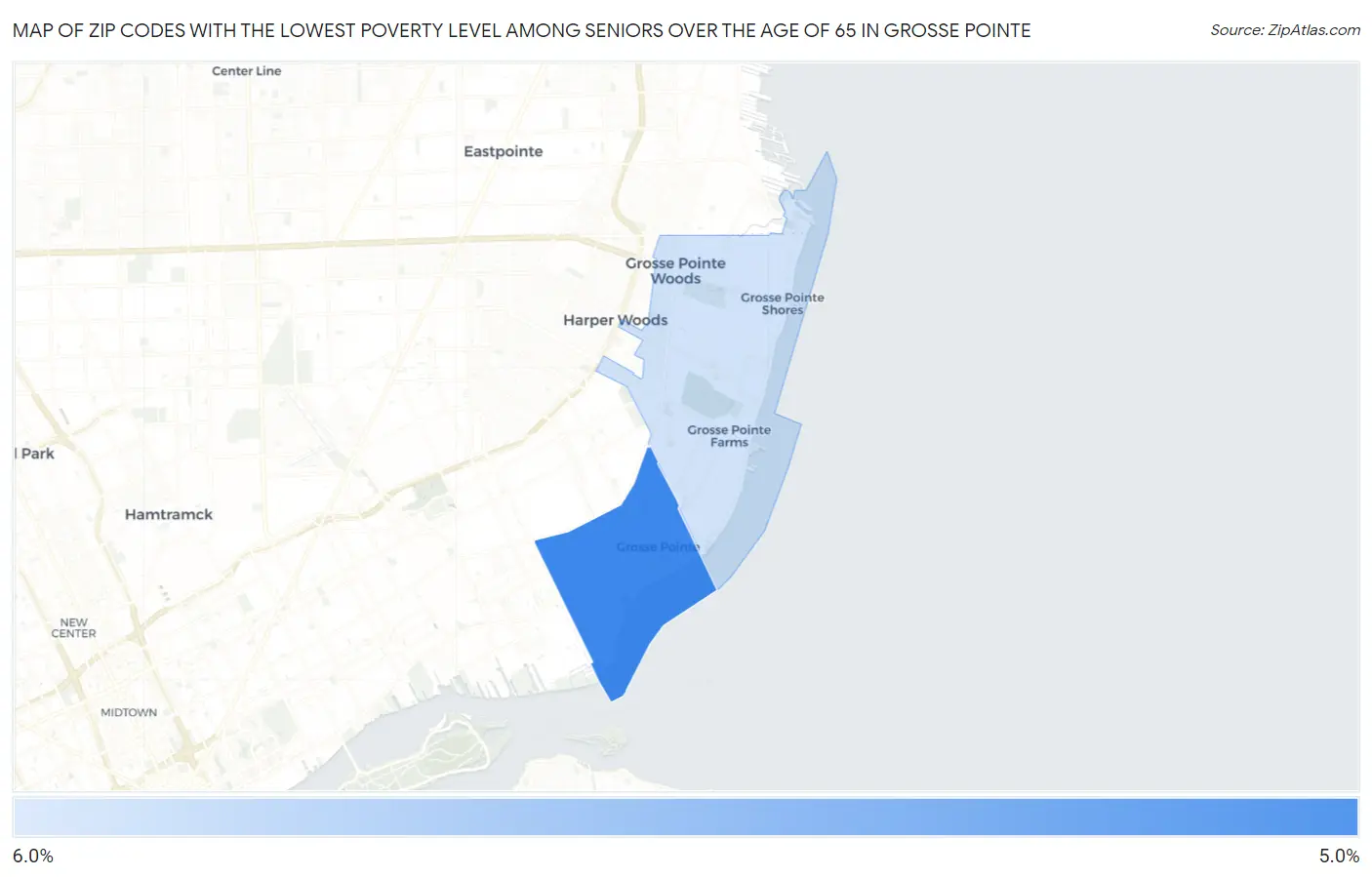 Zip Codes with the Lowest Poverty Level Among Seniors Over the Age of 65 in Grosse Pointe Map