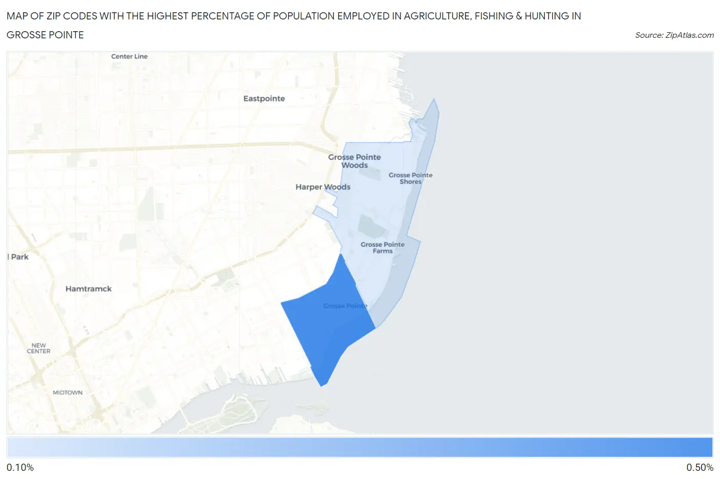 Zip Codes with the Highest Percentage of Population Employed in Agriculture, Fishing & Hunting in Grosse Pointe Map