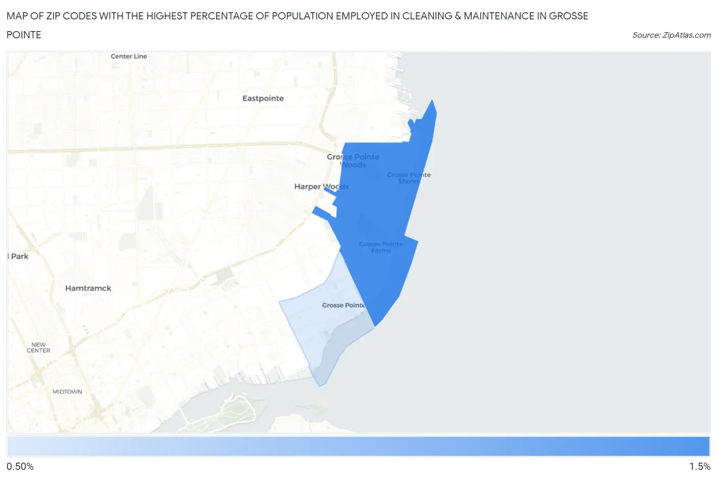 Zip Codes with the Highest Percentage of Population Employed in Cleaning & Maintenance in Grosse Pointe Map