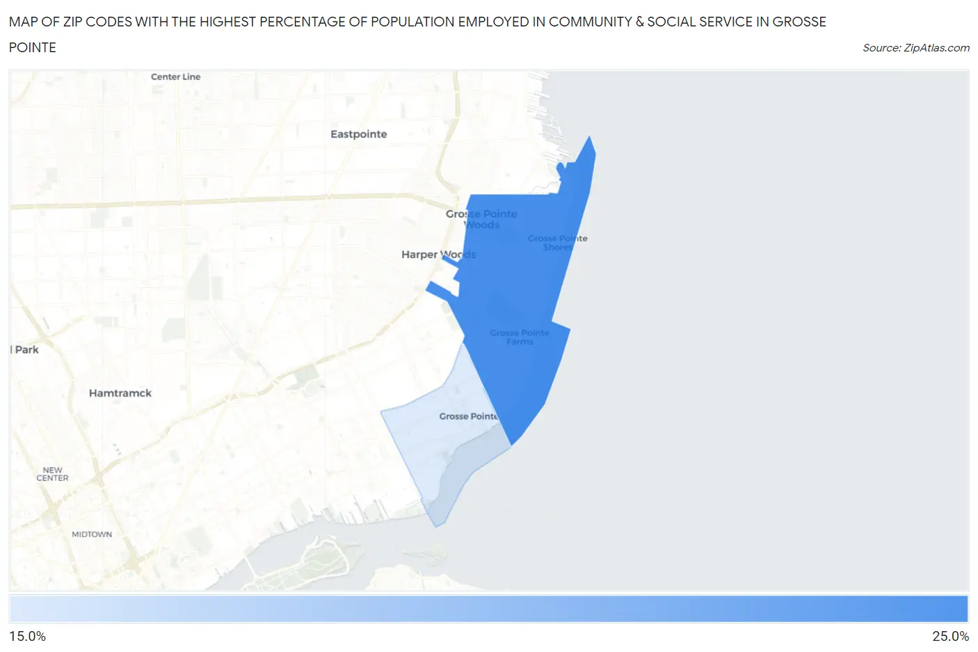 Zip Codes with the Highest Percentage of Population Employed in Community & Social Service  in Grosse Pointe Map
