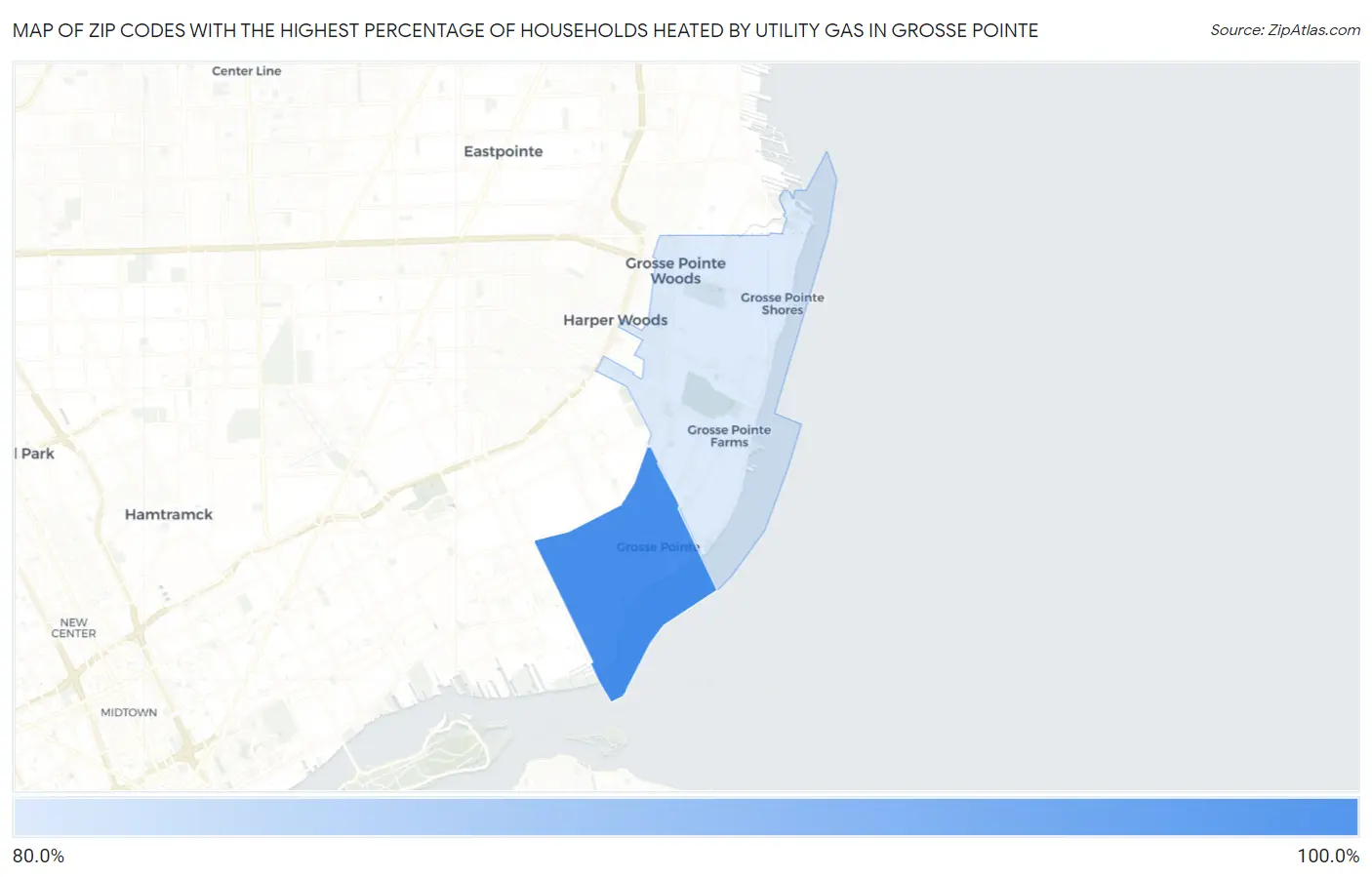 Zip Codes with the Highest Percentage of Households Heated by Utility Gas in Grosse Pointe Map