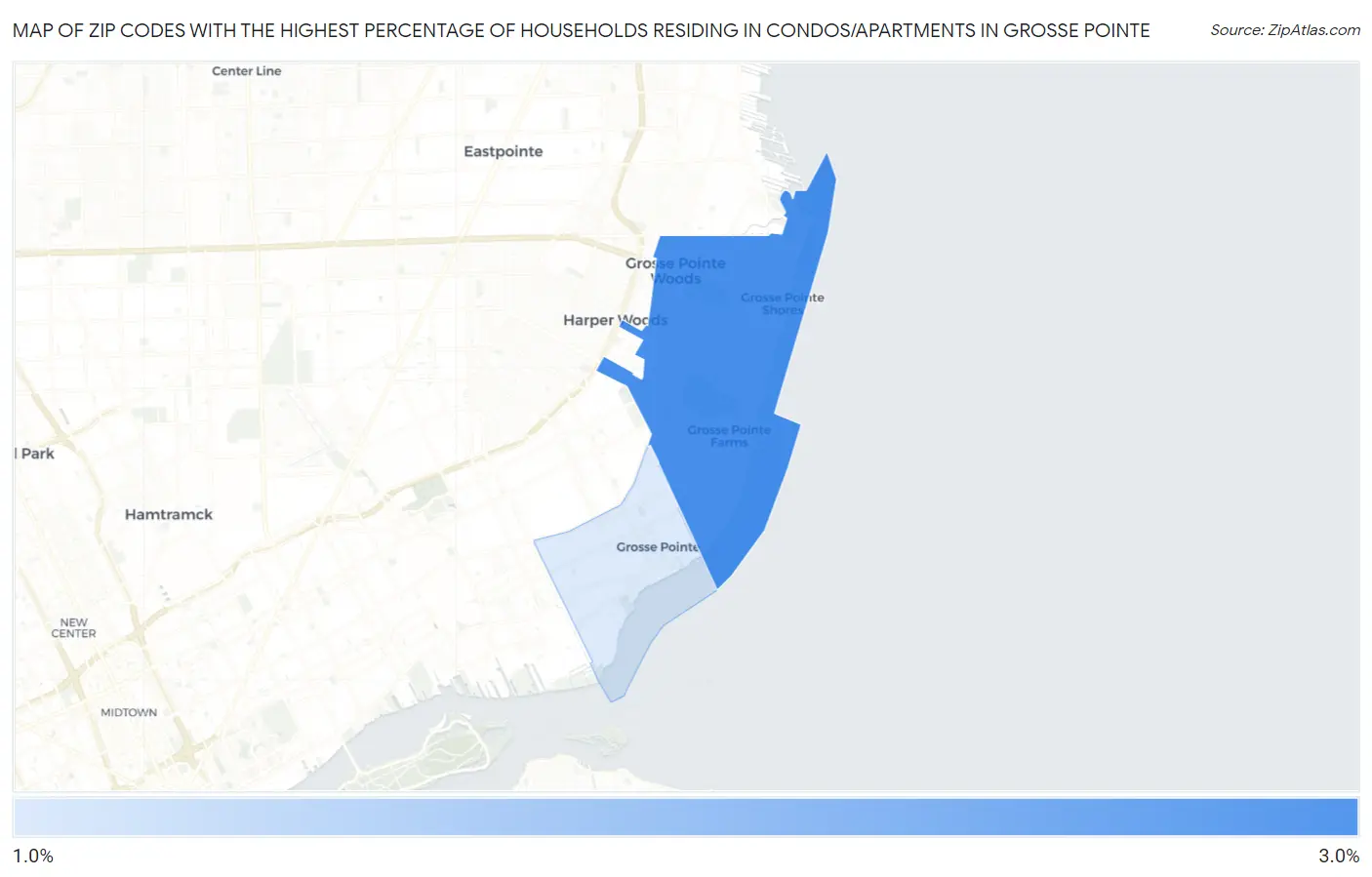 Zip Codes with the Highest Percentage of Households Residing in Condos/Apartments in Grosse Pointe Map