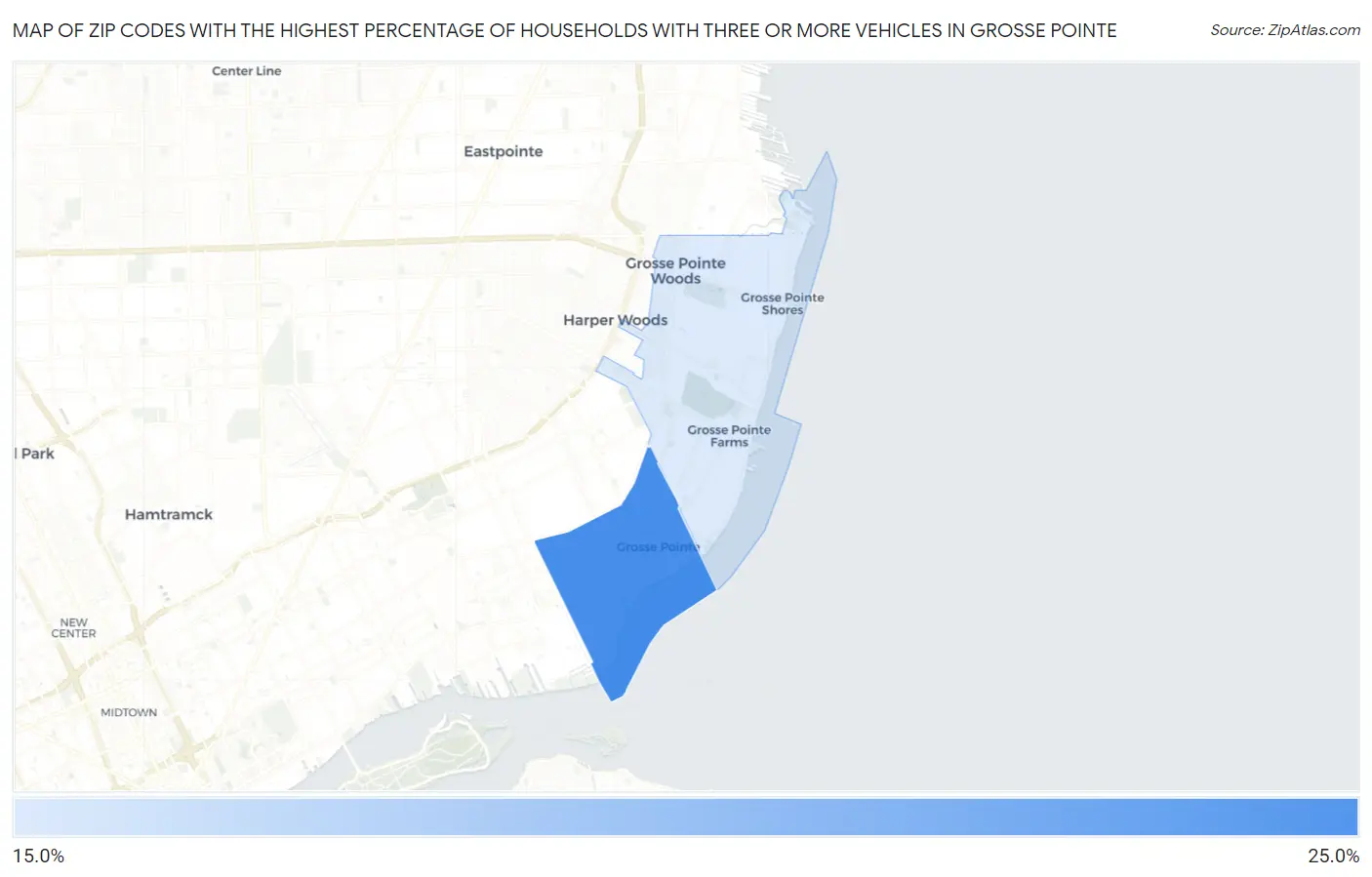 Zip Codes with the Highest Percentage of Households With Three or more Vehicles in Grosse Pointe Map